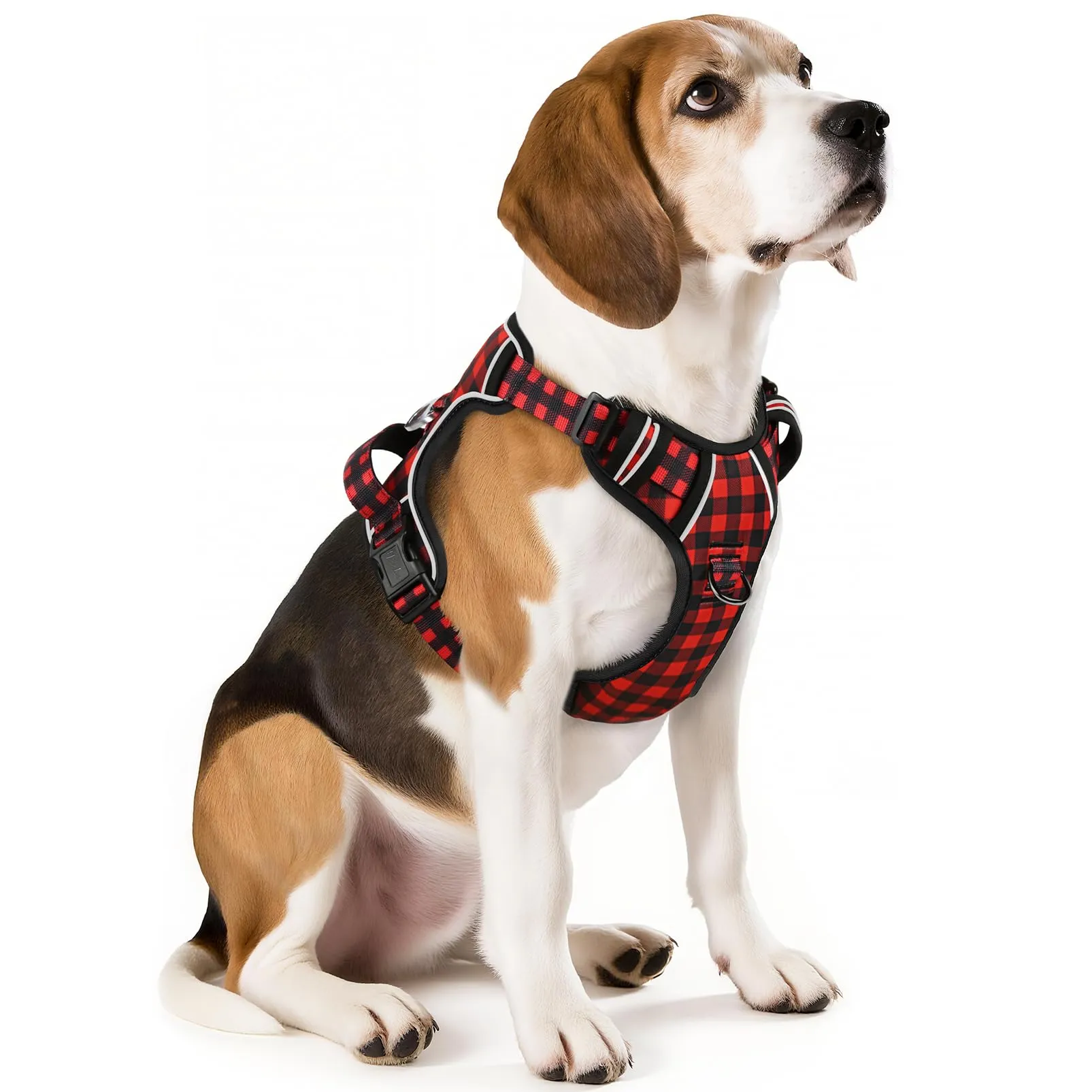 HEELE Pettorina Cane Taglia Media Riflettente Pettorina Addestramento Cani Anti Tiro con 2 Ganci in Metallo + Comodo Maniglia, Gilet per Cani Regolabile per Camminare, Plaid Nero-Rosso, M - immagine 1