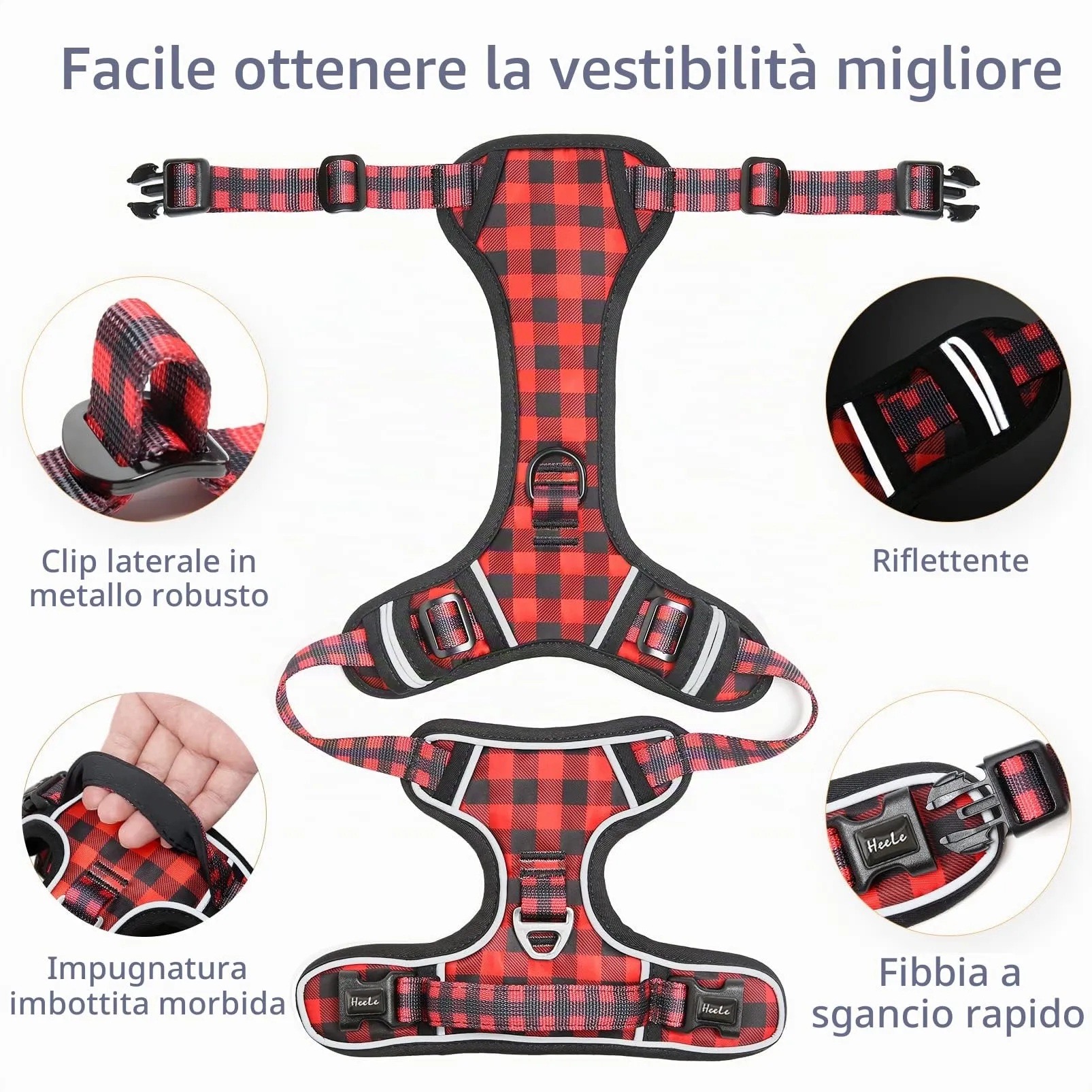 HEELE Pettorina Cane Taglia Media Riflettente Pettorina Addestramento Cani Anti Tiro con 2 Ganci in Metallo + Comodo Maniglia, Gilet per Cani Regolabile per Camminare, Plaid Nero-Rosso, M - immagine 4