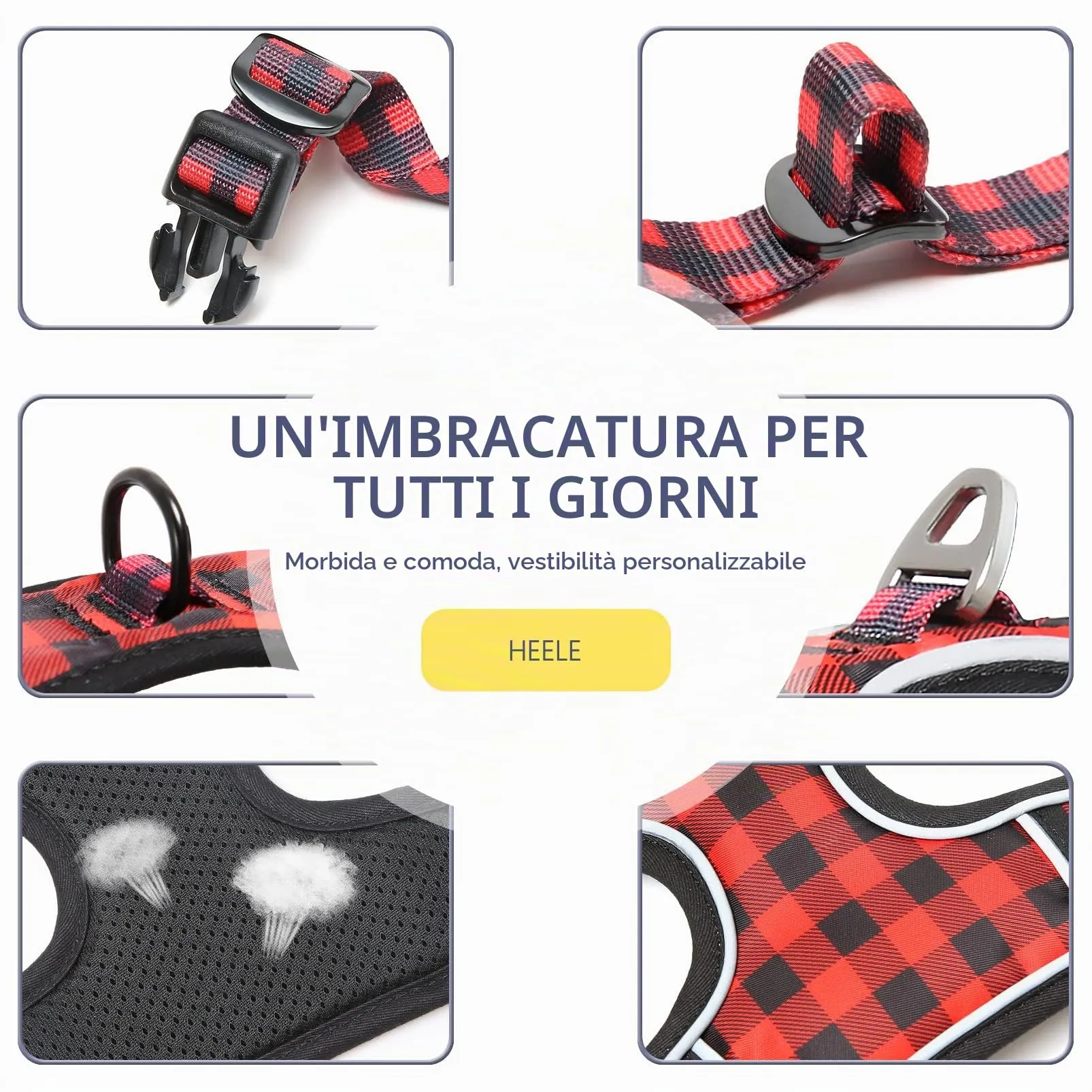 HEELE Pettorina Cane Taglia Media Riflettente Pettorina Addestramento Cani Anti Tiro con 2 Ganci in Metallo + Comodo Maniglia, Gilet per Cani Regolabile per Camminare, Plaid Nero-Rosso, M - immagine 7