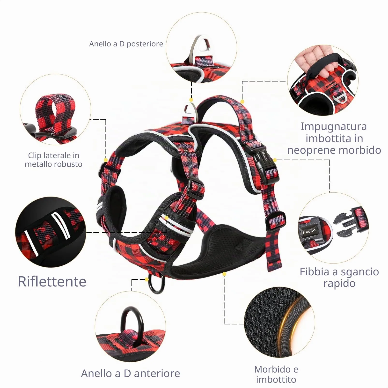 HEELE Pettorina Cane No-pull con Manico Riflettente, Plaid Nero-Rosso, S - immagine 3