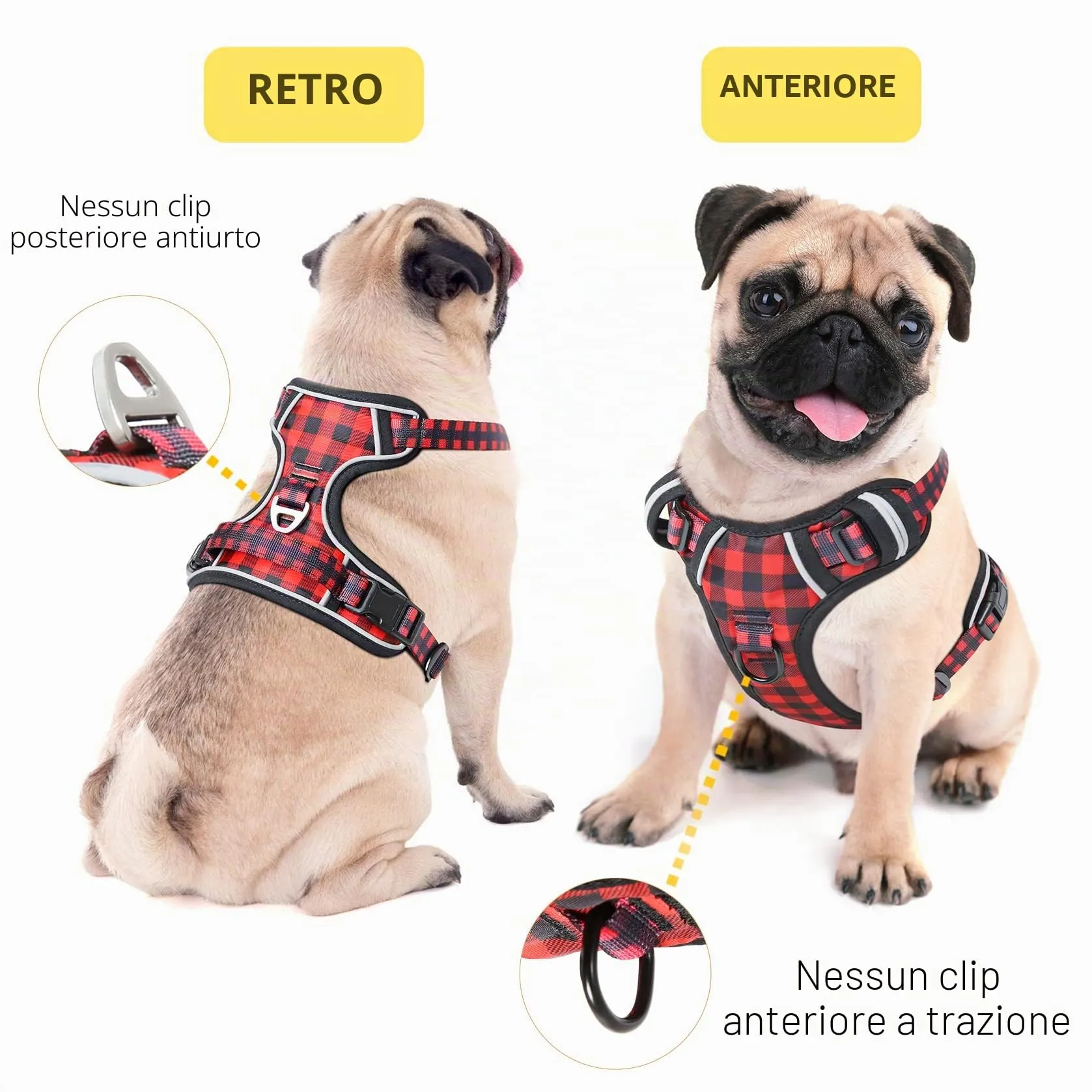 HEELE Pettorina Cane No-pull con Manico Riflettente, Plaid Nero-Rosso, S - immagine 5