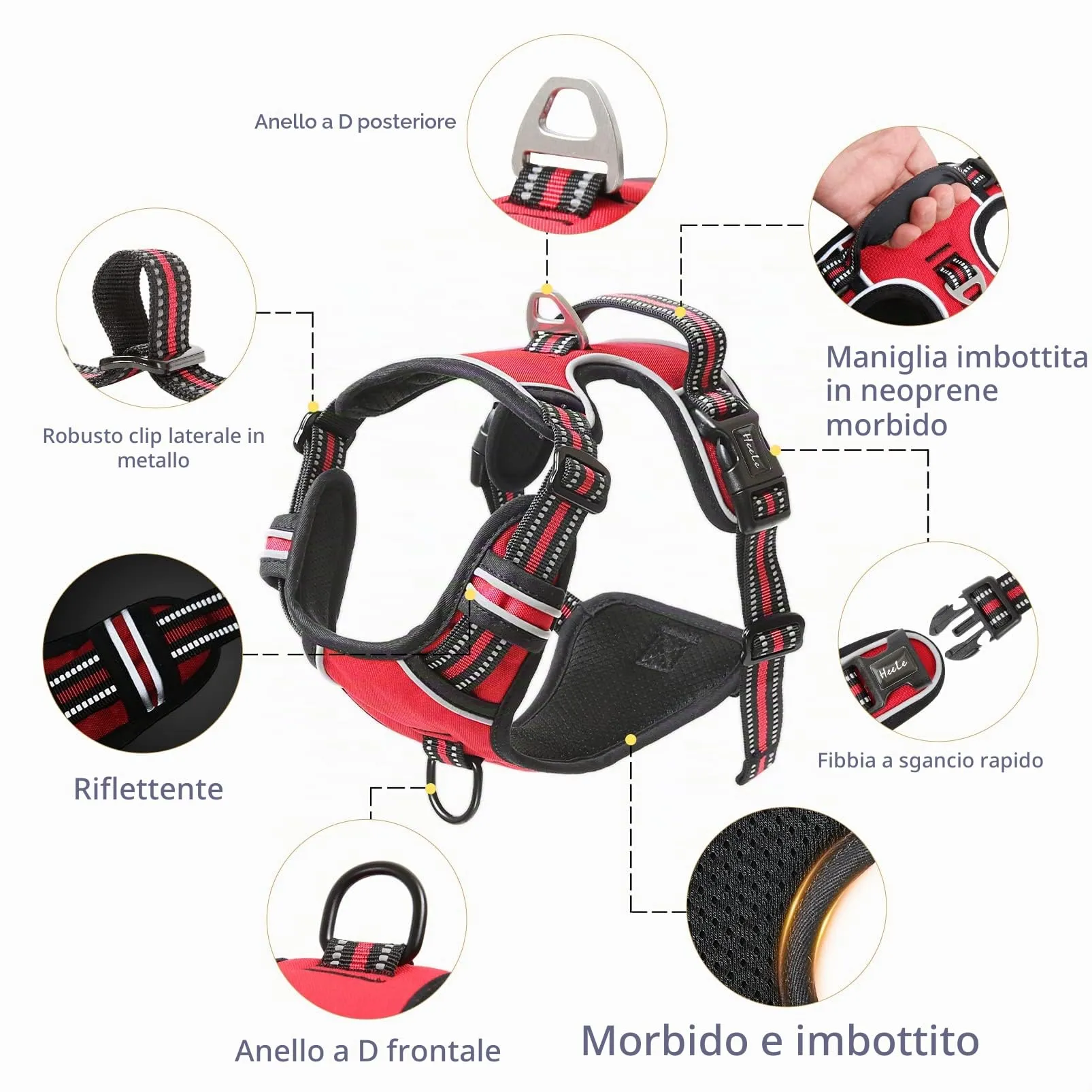 HEELE Pettorina Cane No Pull Imbracatura Riflettente e Traspirante, con Gancio in Metallo e Manico Imbottita, Pettorina Cane Taglia Grande per Addestrare Le Passeggiate, Rosso, XL - immagine 3