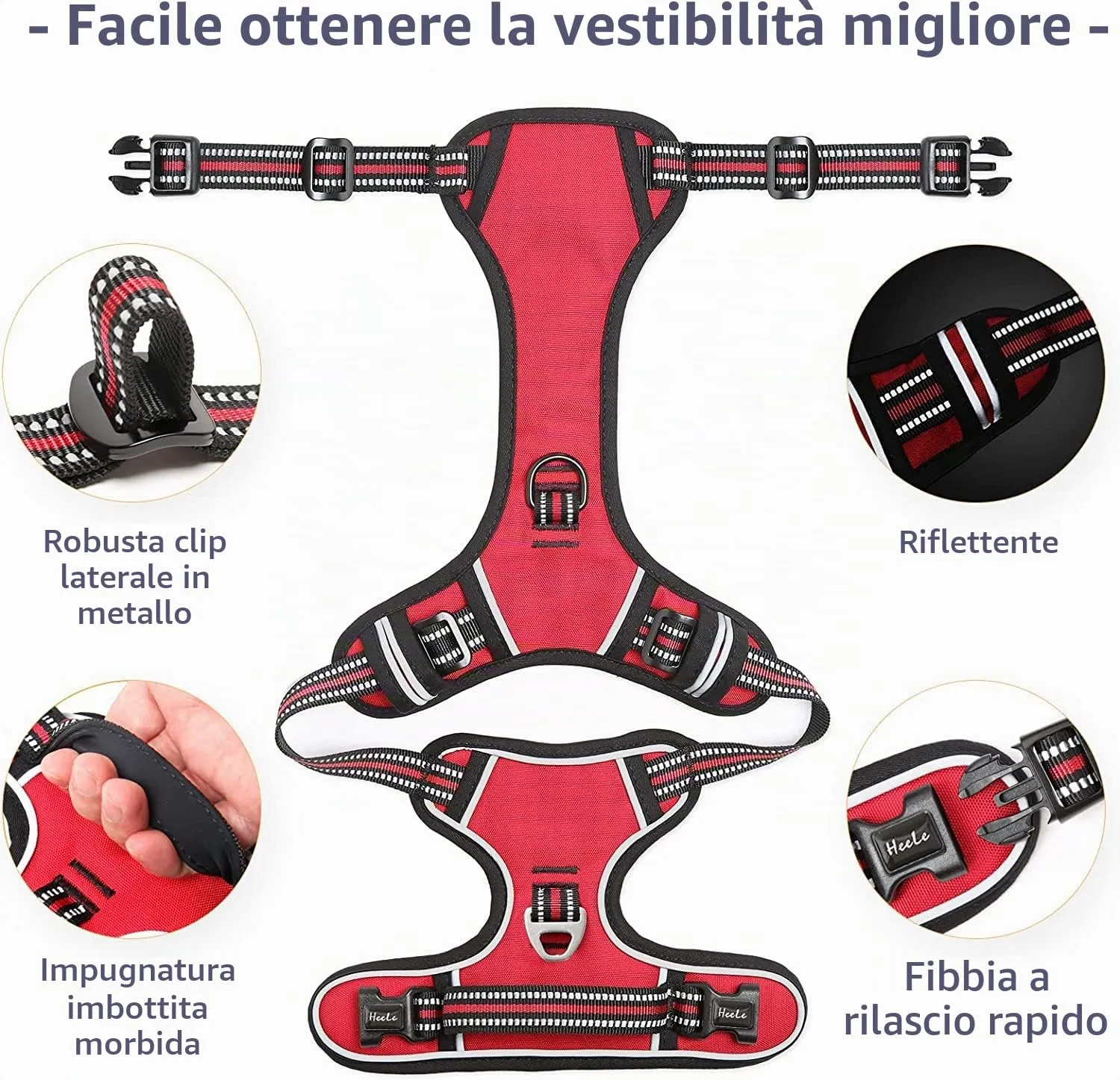 HEELE Pettorina Cane No Pull Imbracatura Riflettente e Traspirante, con Gancio in Metallo e Manico Imbottita, Pettorina Cane Taglia Grande per Addestrare Le Passeggiate, Rosso, XL - immagine 5