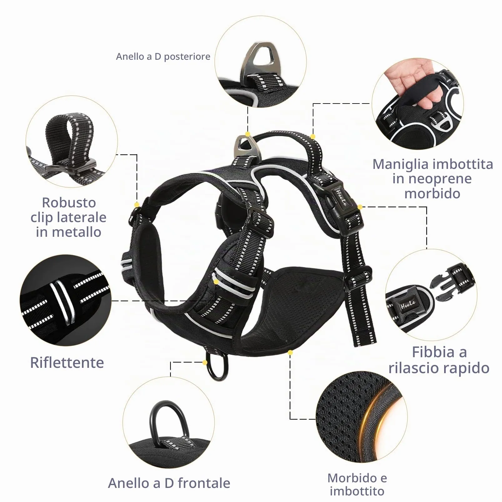 HEELE Pettorina Cane Riflettente No-pull Regolabile con Manico, Nero, S - immagine 3