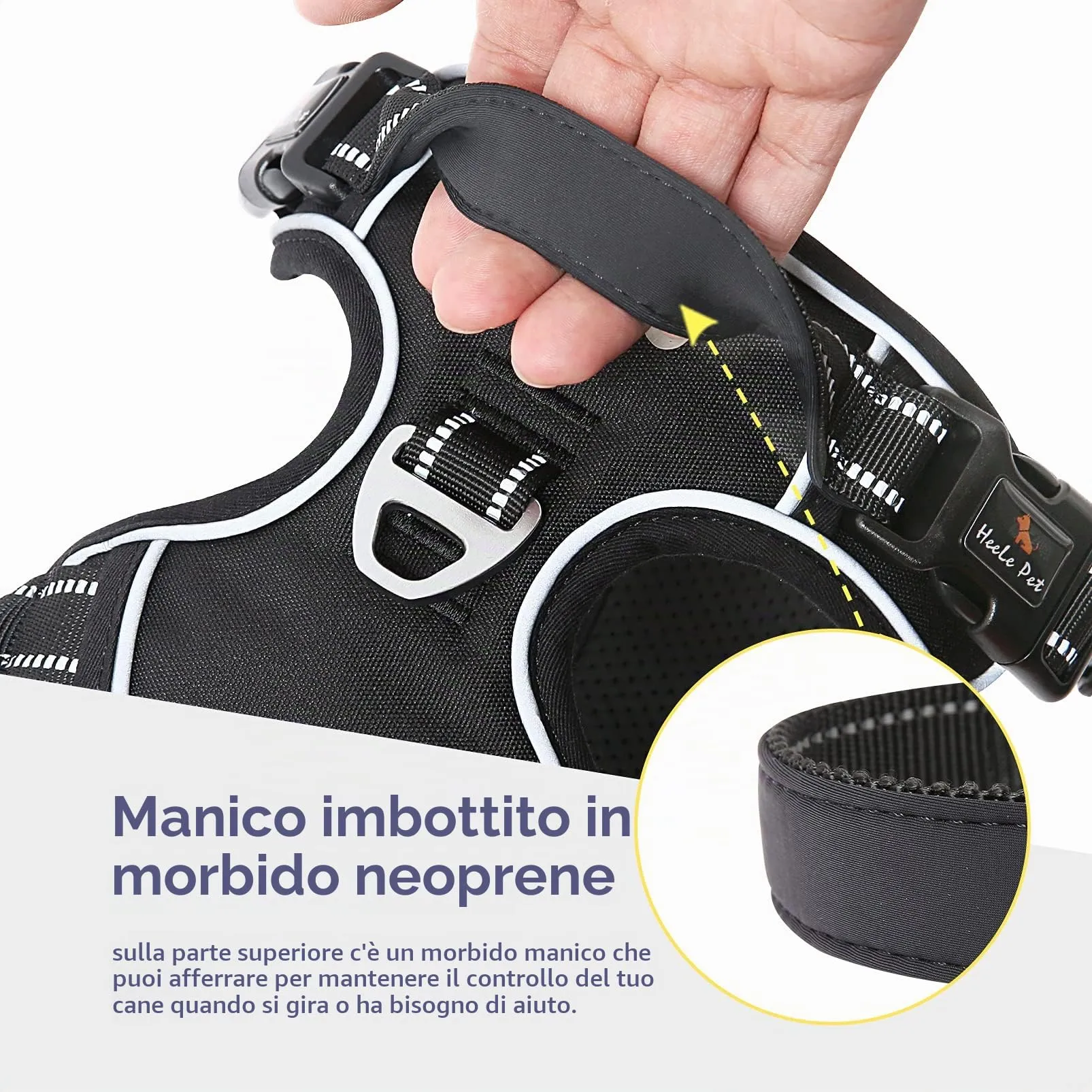 HEELE Pettorina Cane Taglia Media Riflettente Pettorina Addestramento Cani Anti Tiro con 2 Ganci in Metallo + Comodo Maniglia, Gilet per Cani Regolabile per Camminare, Nero, M - immagine 7