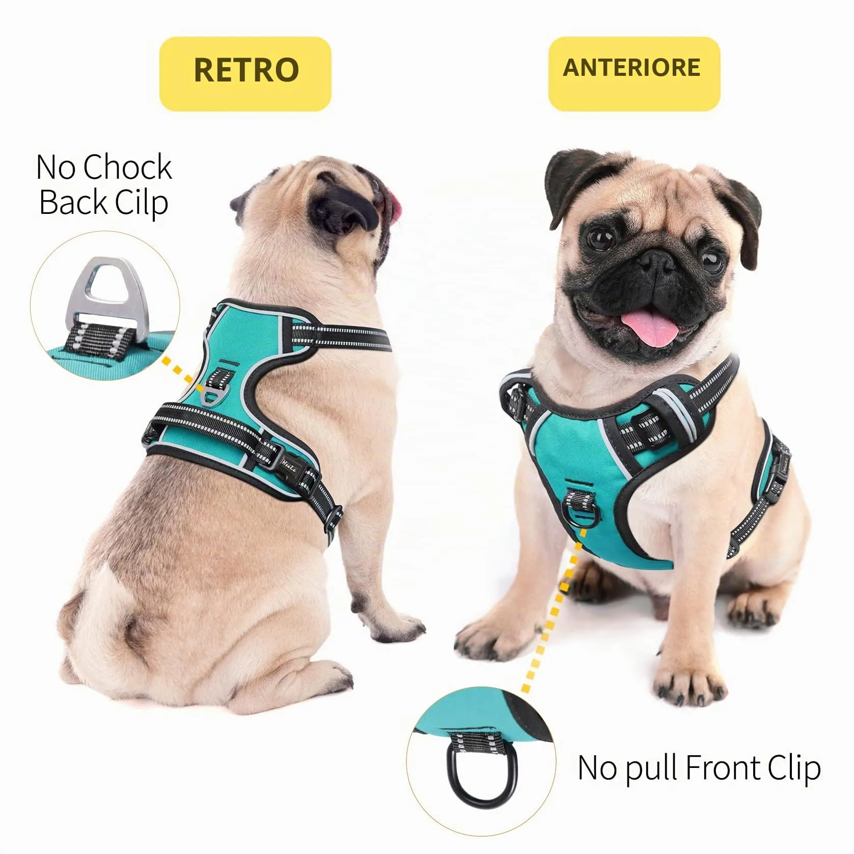 HEELE Pettorina Cane Taglia Media Riflettente Pettorina Addestramento Cani Anti Tiro con 2 Ganci in Metallo + Comodo Maniglia, Gilet per Cani Regolabile per Camminare, Turchese, M - immagine 4