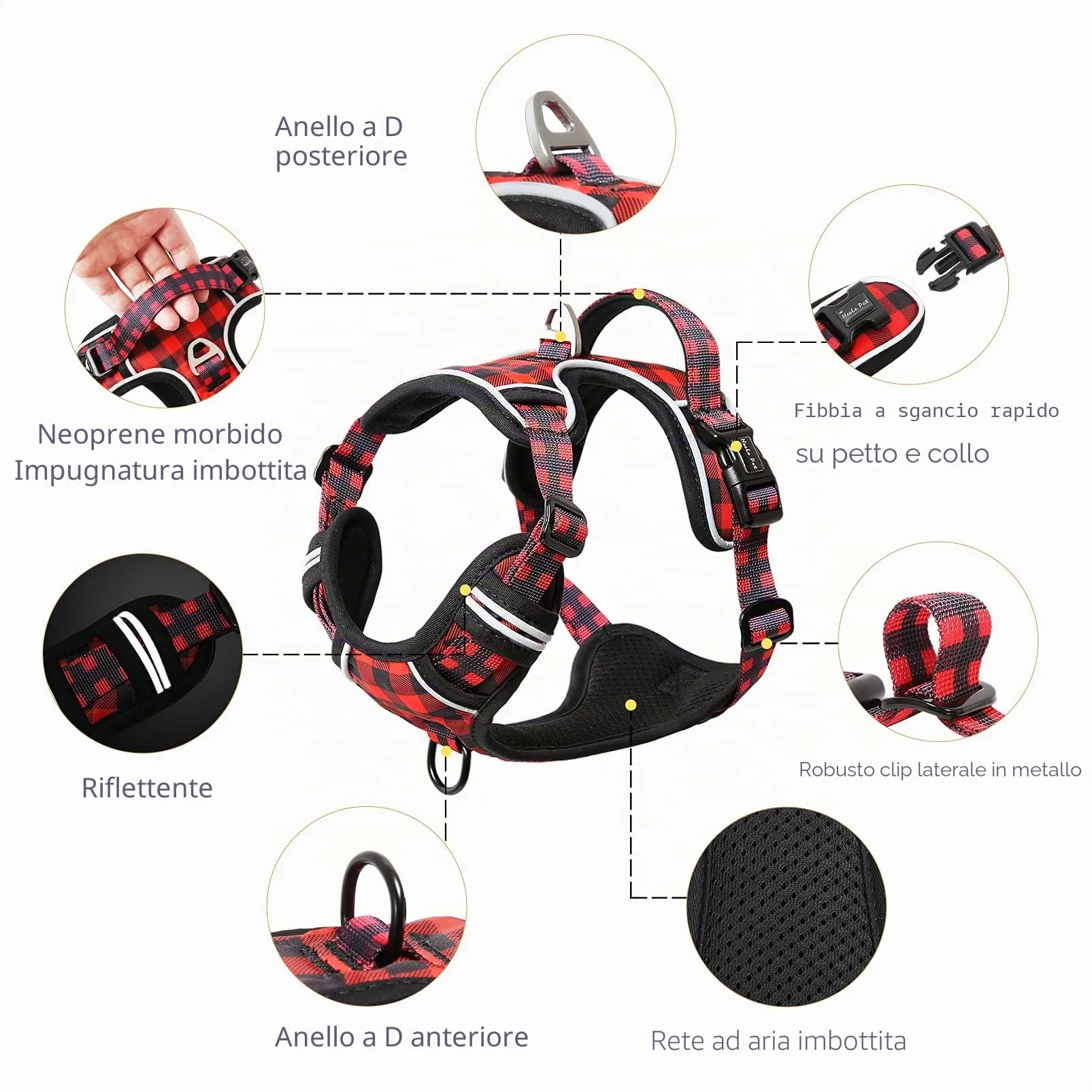 HEELE Pettorina Cane, No-pull Imbracatura Traspirante e Riflettente, con Gancio in Metallo e Manico Imbottita, Pettorina Cane Taglia Grande Comodo per Camminare Jogging, Plaid Nero-Rosso, L - immagine 4