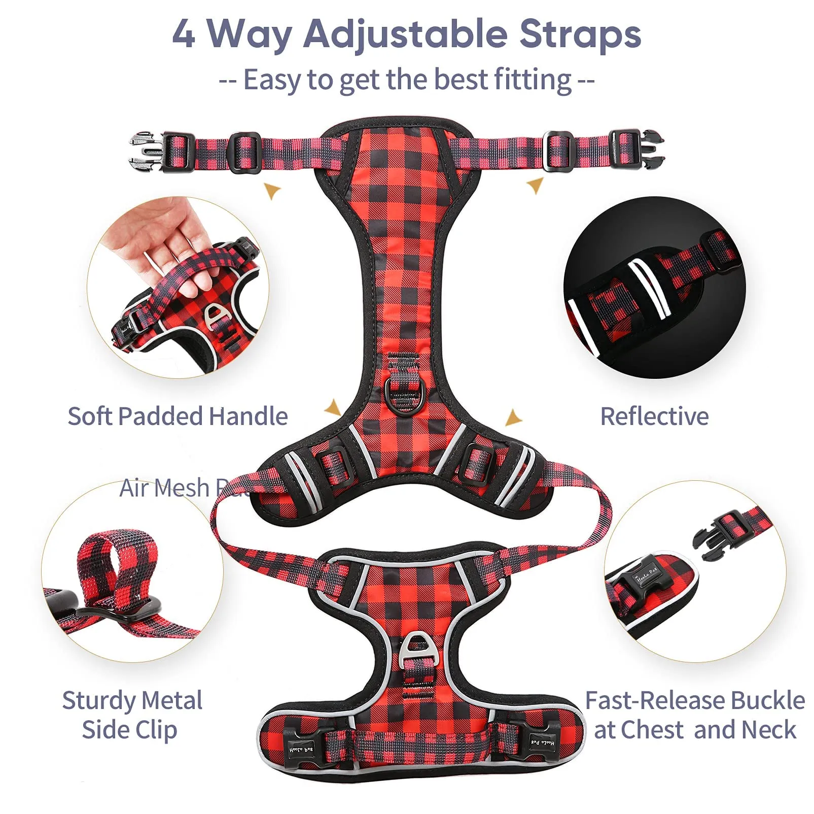 HEELE Pettorina Cane, No-pull Imbracatura Traspirante e Riflettente, con Gancio in Metallo e Manico Imbottita, Pettorina Cane Taglia Grande Comodo per Camminare Jogging, Plaid Nero-Rosso, L - immagine 5