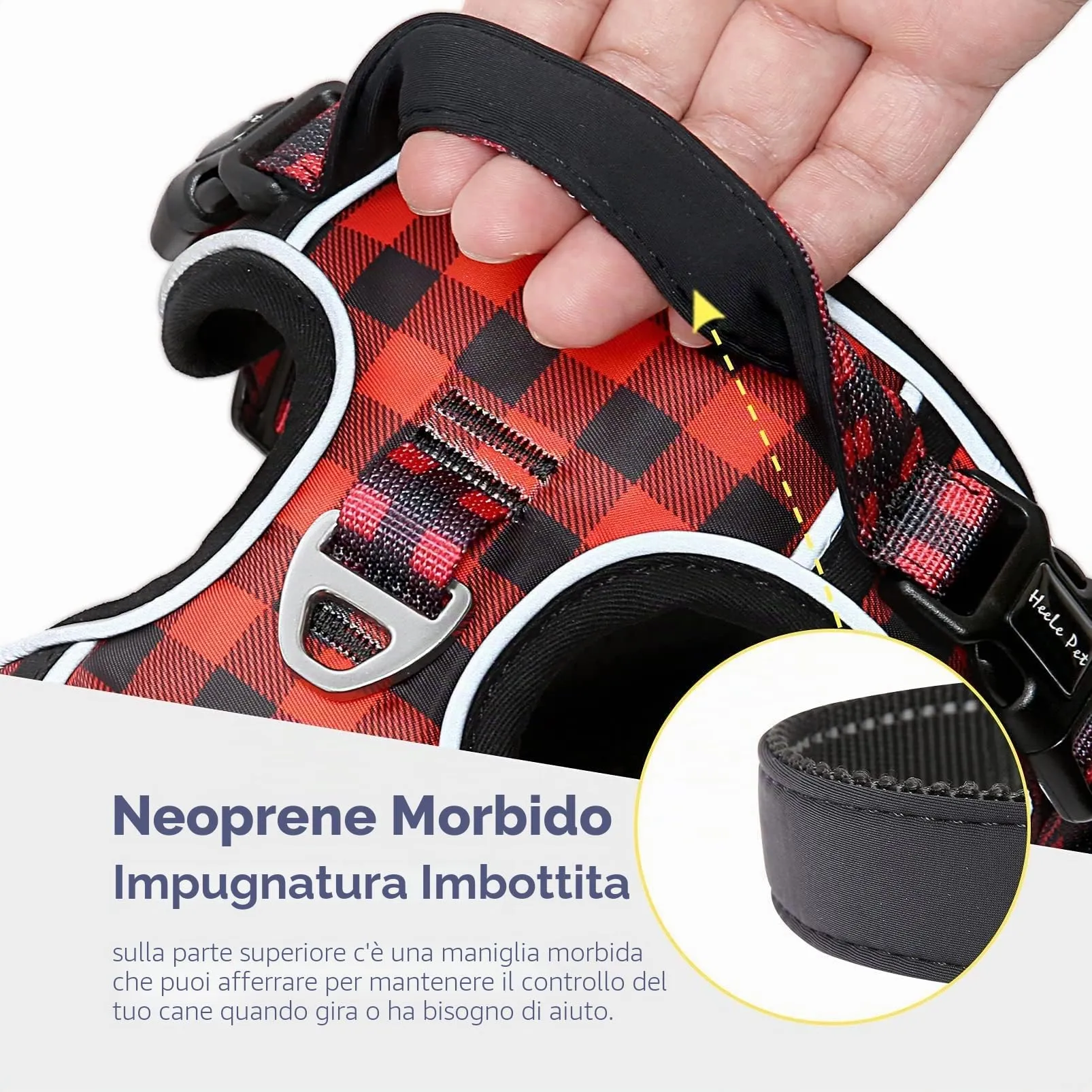 HEELE Pettorina Cane, No-pull Imbracatura Traspirante e Riflettente, con Gancio in Metallo e Manico Imbottita, Pettorina Cane Taglia Grande Comodo per Camminare Jogging, Plaid Nero-Rosso, L - immagine 7