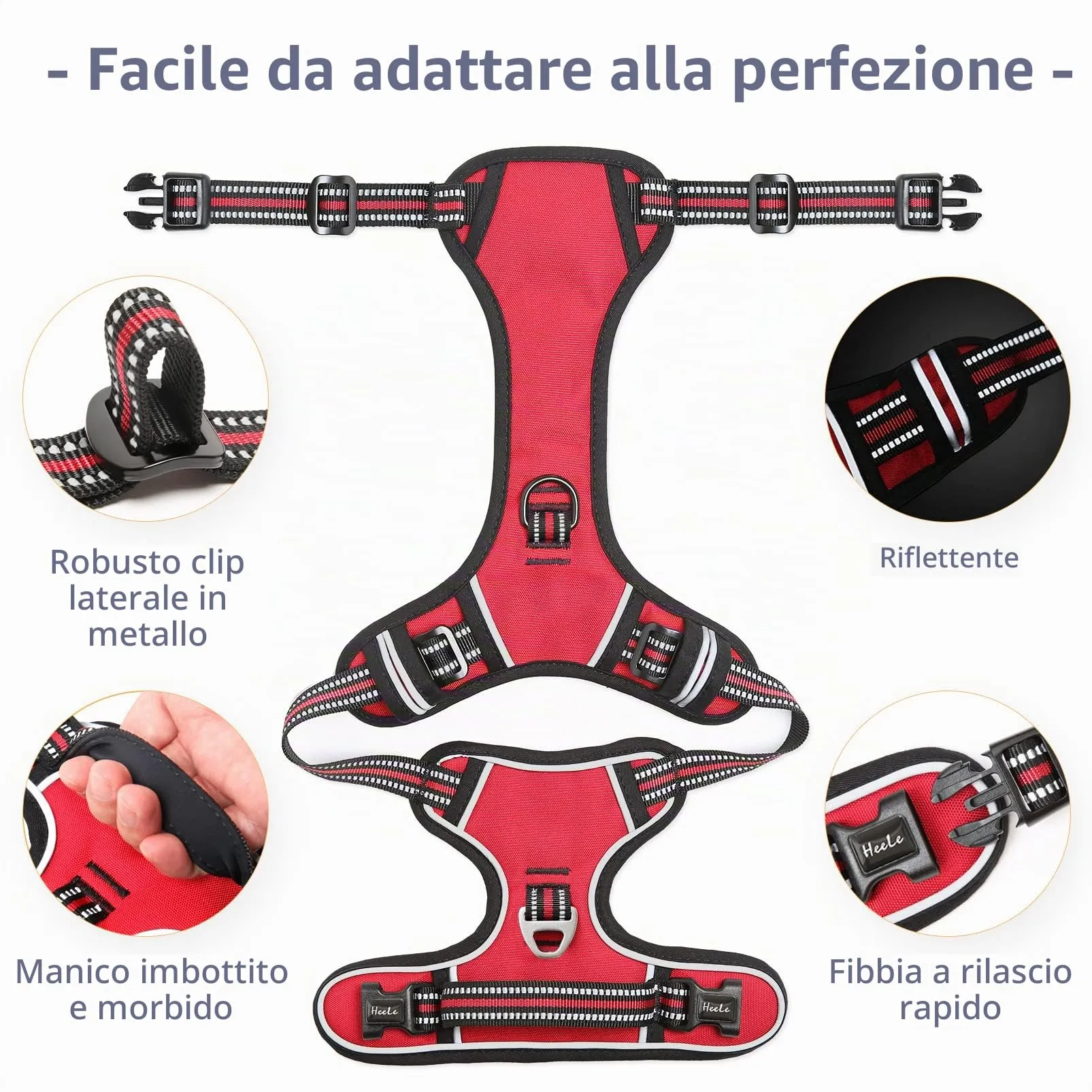 HEELE Pettorina Cane No-pull Riflettente Regolabile con Manico, Rosso, S - immagine 4