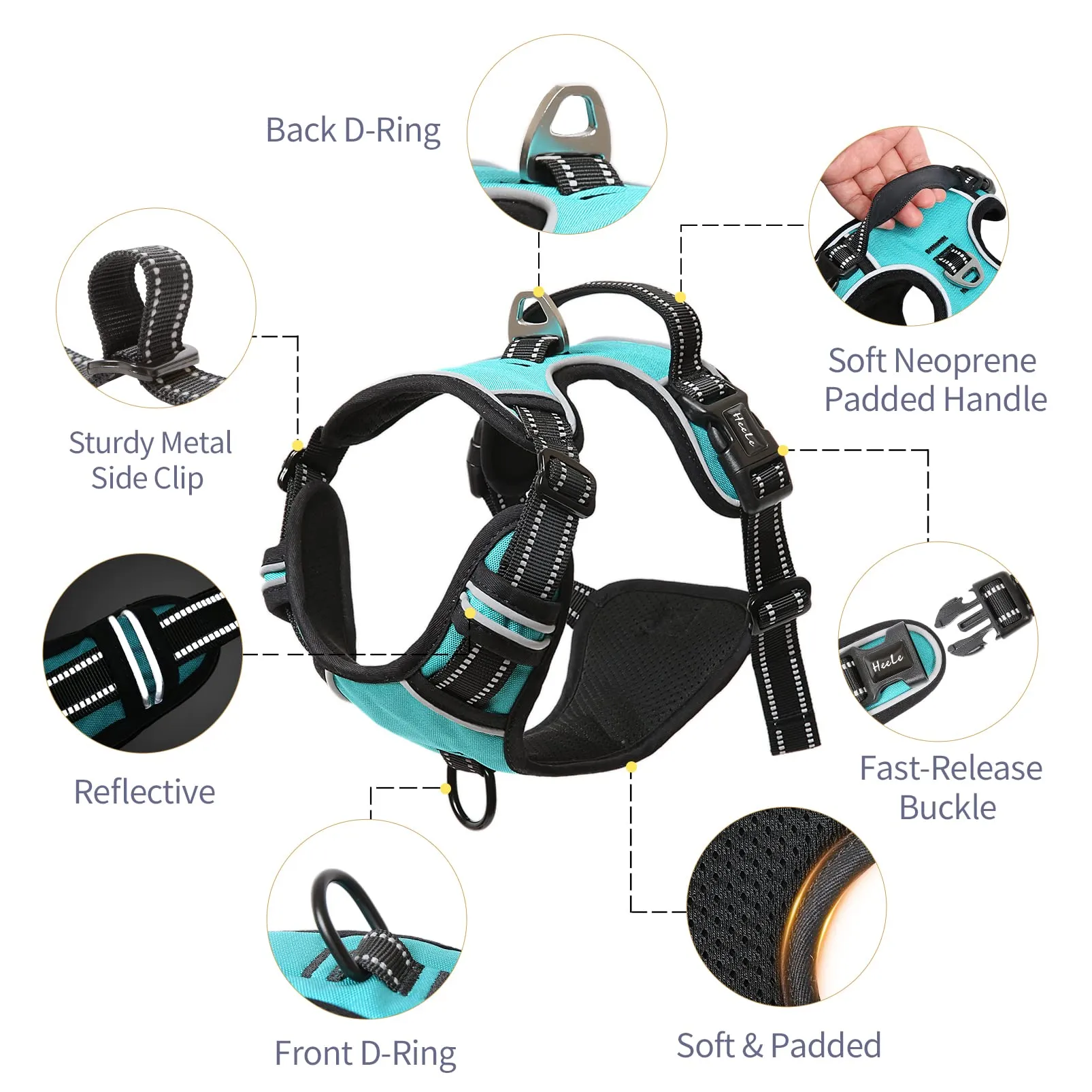 HEELE Pettorina Cane No Pull Imbracatura Riflettente e Traspirante, con 2 Ganci in Metallo + Comodo Maniglia, Pettorina Cane Taglia Grande per Addestrare Le Passeggiate, Turchese, XL - immagine 3
