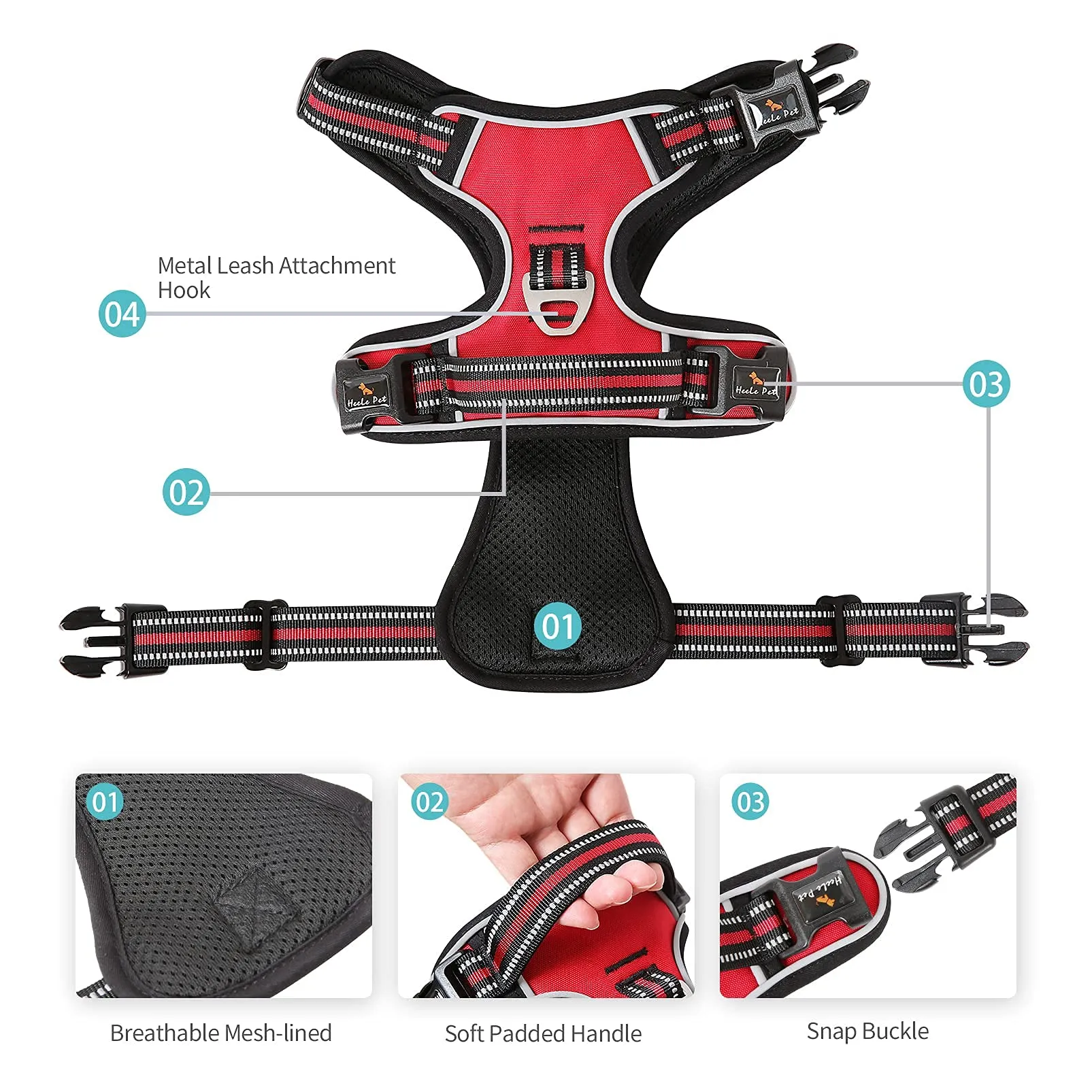 HEELE Pettorina Cane Taglia Media Riflettente Pettorina Addestramento Cani Anti Tiro con 2 Ganci in Metallo + Comodo Maniglia, Gilet per Cani Regolabile per Camminare, Rosso, M - immagine 7