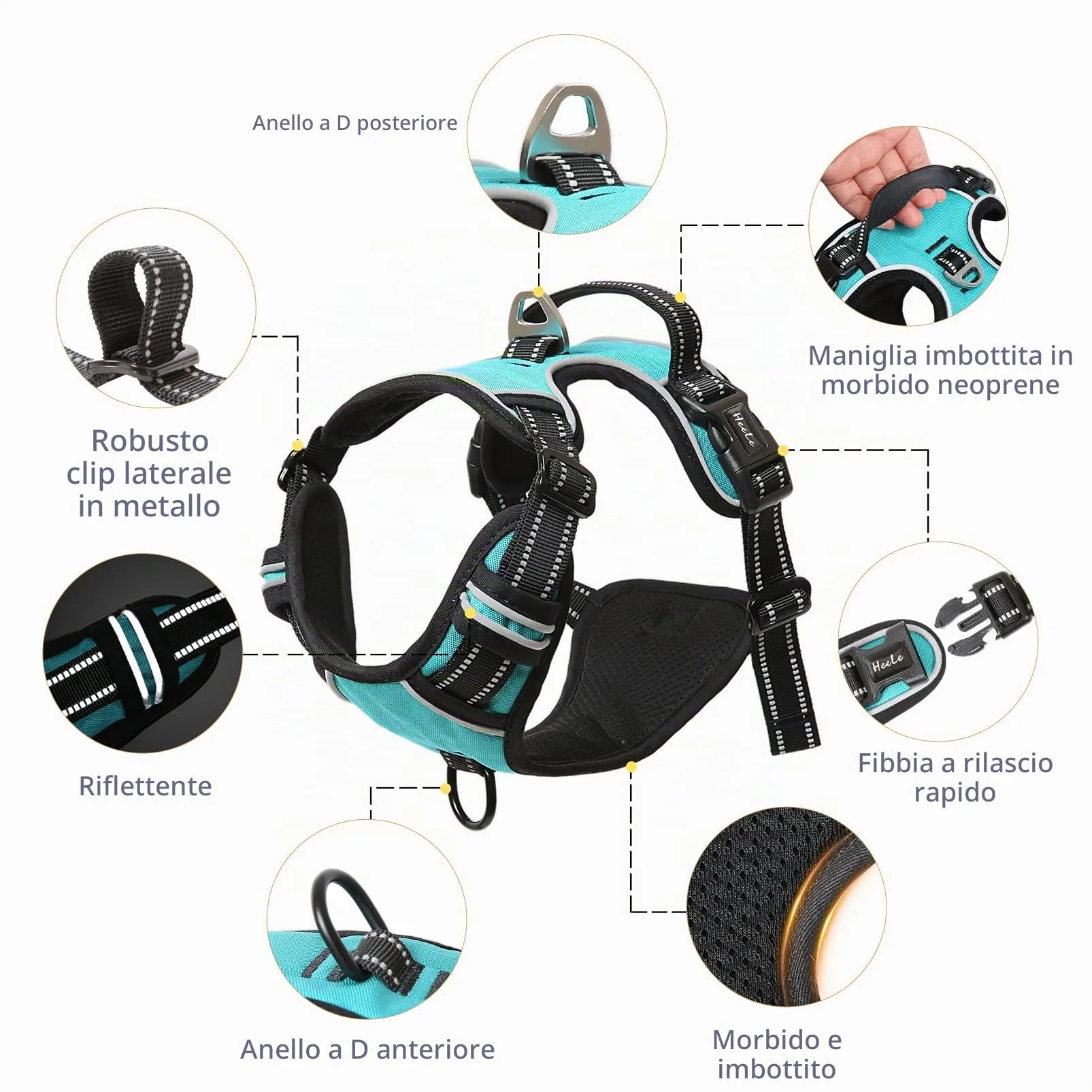 HEELE Pettorina Cane, No-Pull Imbracatura Traspirante e Riflettente, con 2 Ganci in Metallo + Comodo Maniglia, Pettorina Cane Taglia Grande Comodo per Camminare Jogging, Turchese, L - immagine 3