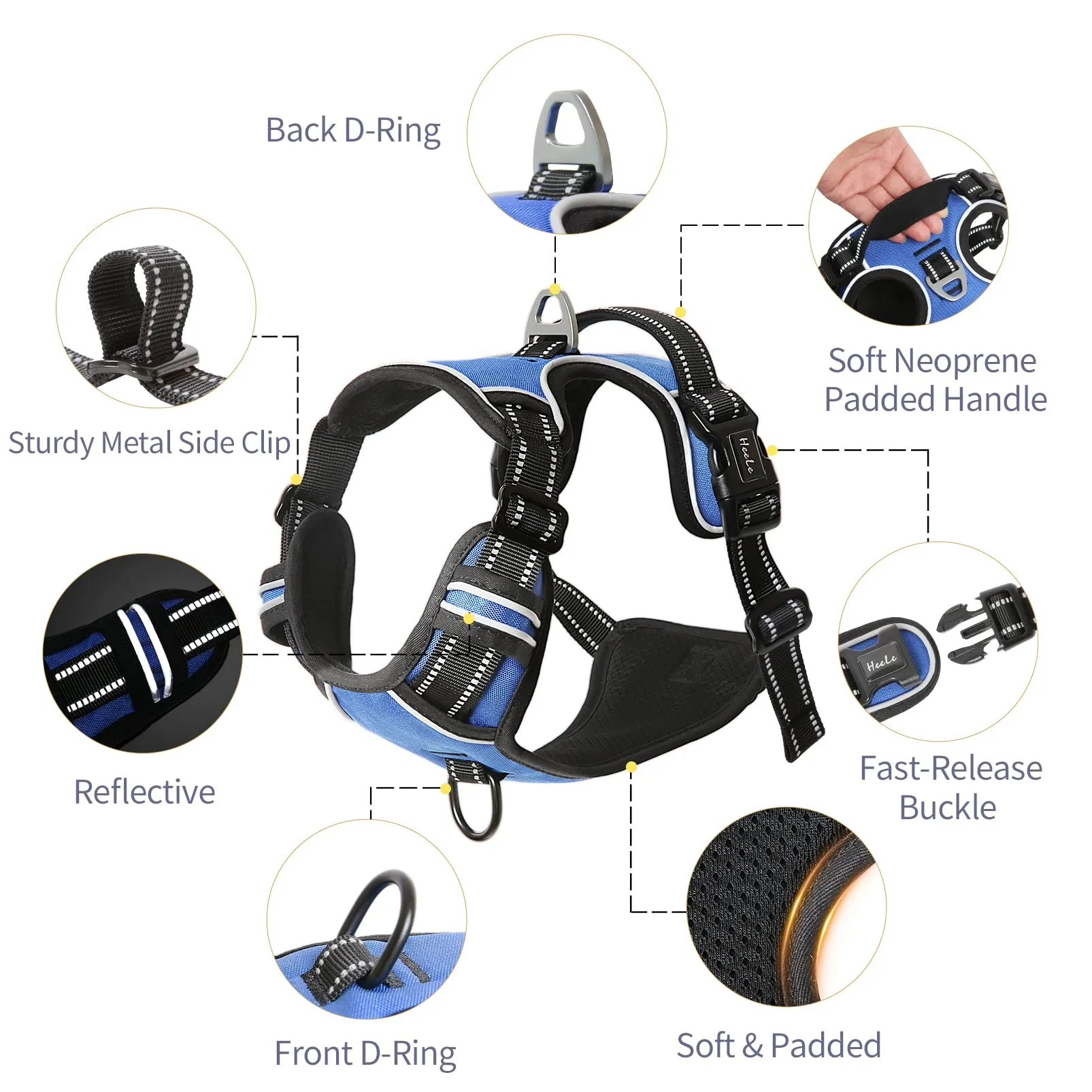 HEELE Pettorina Cane Taglia Grande Riflettente Pettorina Addestramento Cani Anti Tiro con 2 Ganci in Metallo + Comodo Maniglia, Gilet per Cani Regolabile per Camminare, Blu, XL - immagine 2