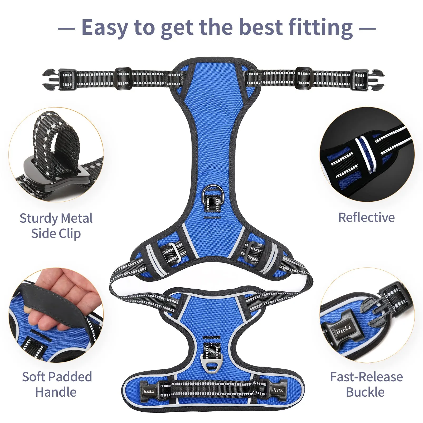 HEELE Pettorina Cane Taglia Grande Riflettente Pettorina Addestramento Cani Anti Tiro con 2 Ganci in Metallo + Comodo Maniglia, Gilet per Cani Regolabile per Camminare, Blu, XL - immagine 3