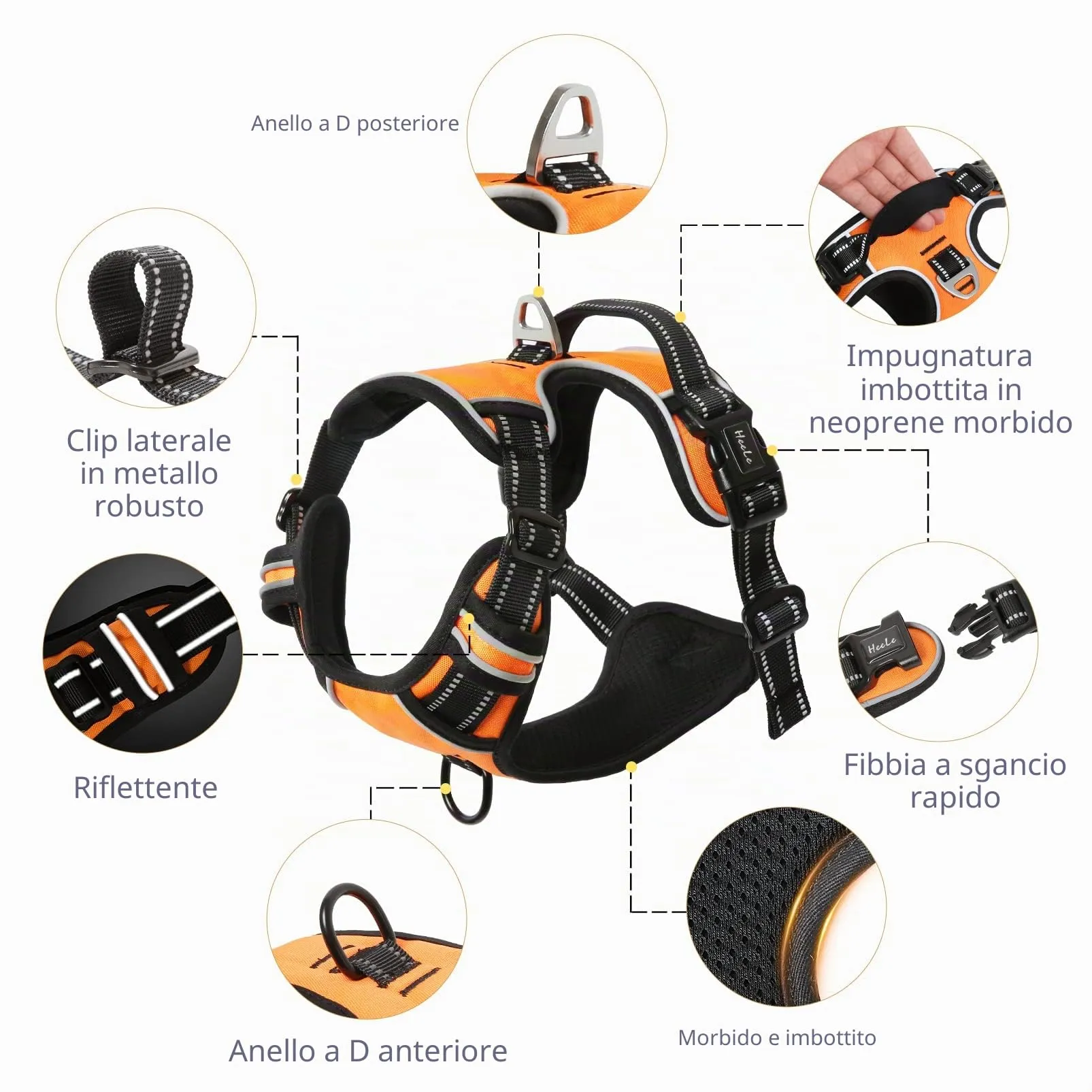 HEELE Pettorina Cane Taglia Piccola Riflettente Pettorina Addestramento Cani Anti Tiro con 2 Ganci in Metallo + Comodo Maniglia, Gilet per Cani Regolabile per Camminare, Arancione, S - immagine 4