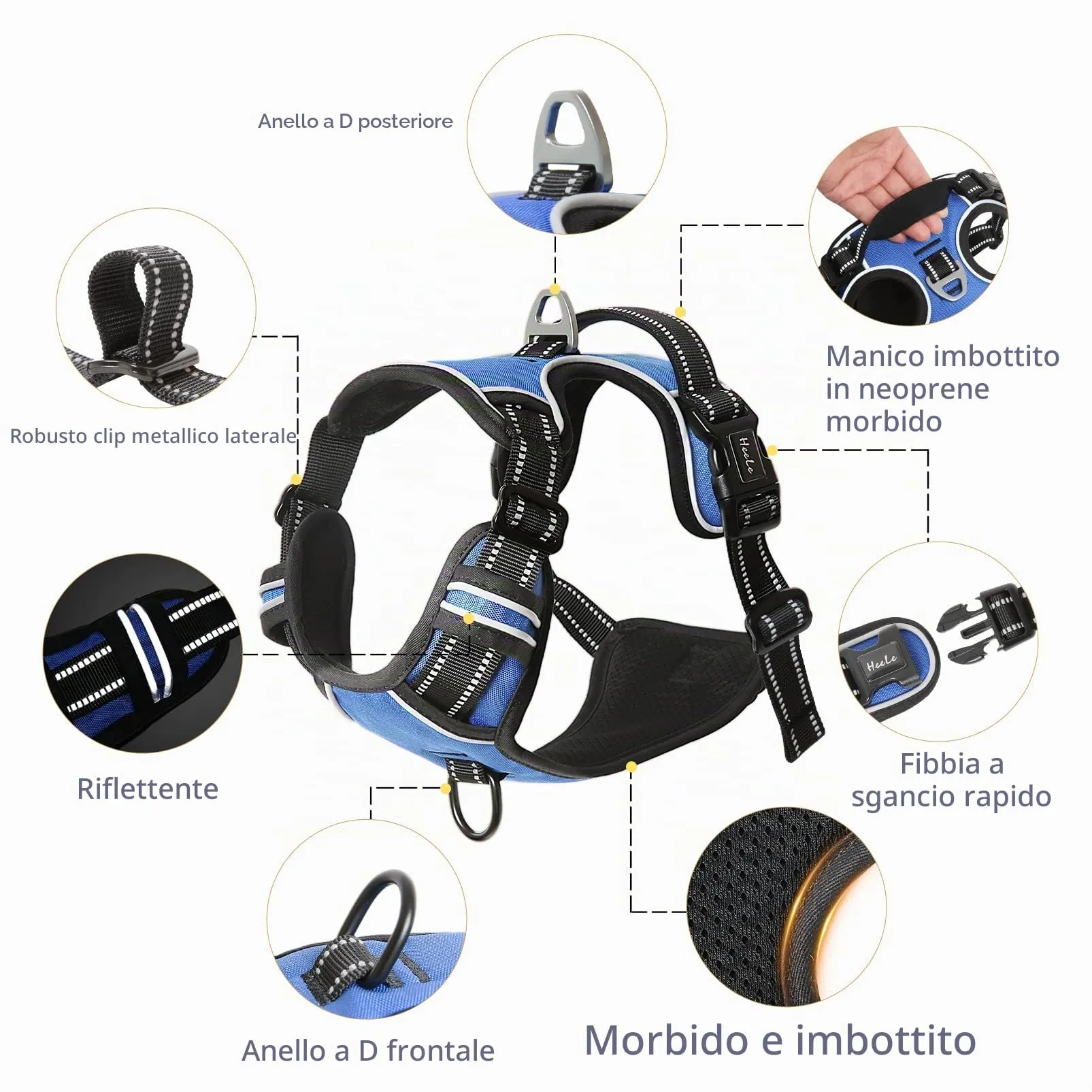 HEELE Pettorina Cane Taglia Media Riflettente Pettorina Addestramento Cani Anti Tiro con 2 Ganci in Metallo + Comodo Maniglia, Gilet per Cani Regolabile per Camminare, Blu, M - immagine 3