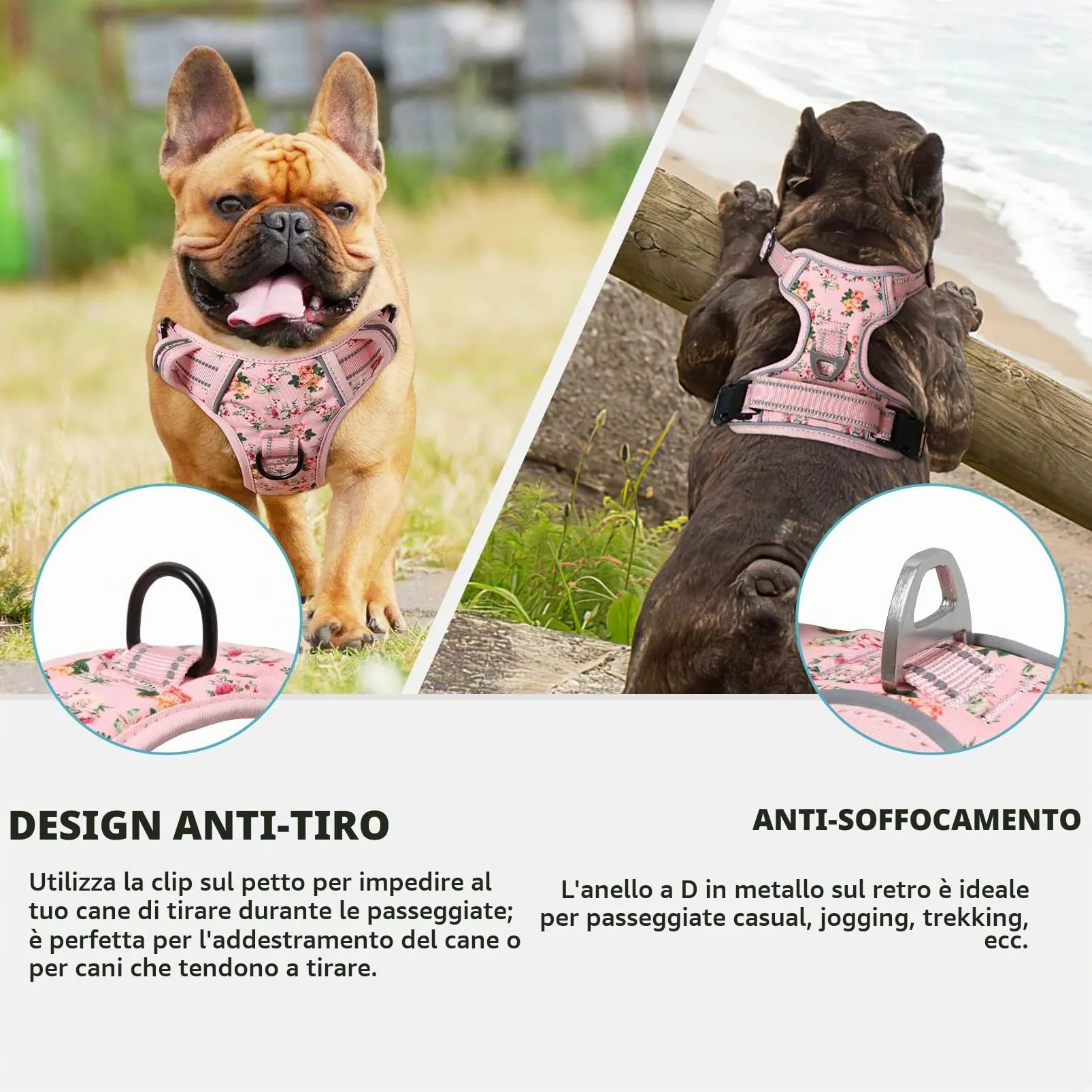 HEELE Pettorina Cane con Motivo Stampato, Riflettente Pettorina Addestramento Cani Anti Tiro con 2 Ganci in Metallo + Comodo Maniglia, Gilet per Cani Regolabile per Camminare, Fiori-Rosa, L - immagine 4