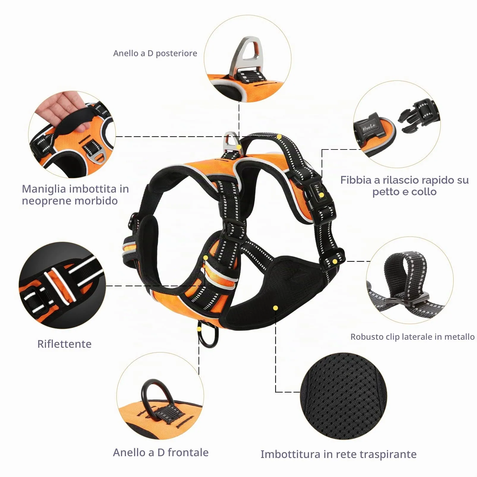HEELE Pettorina Cane Taglia Media e Grande Riflettente Pettorina Addestramento Cani No Pull con 2 Ganci in Metallo + Comodo Maniglia, Gilet per Cani Regolabile per Camminare, Arancione, L - immagine 2