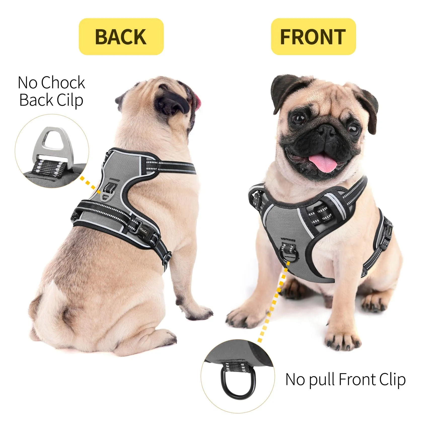 HEELE Pettorina Cane Taglia Media Riflettente Pettorina Addestramento Cani Anti Tiro con 2 Ganci in Metallo + Comodo Maniglia, Gilet per Cani Regolabile per Camminare, Grigio, M - immagine 4
