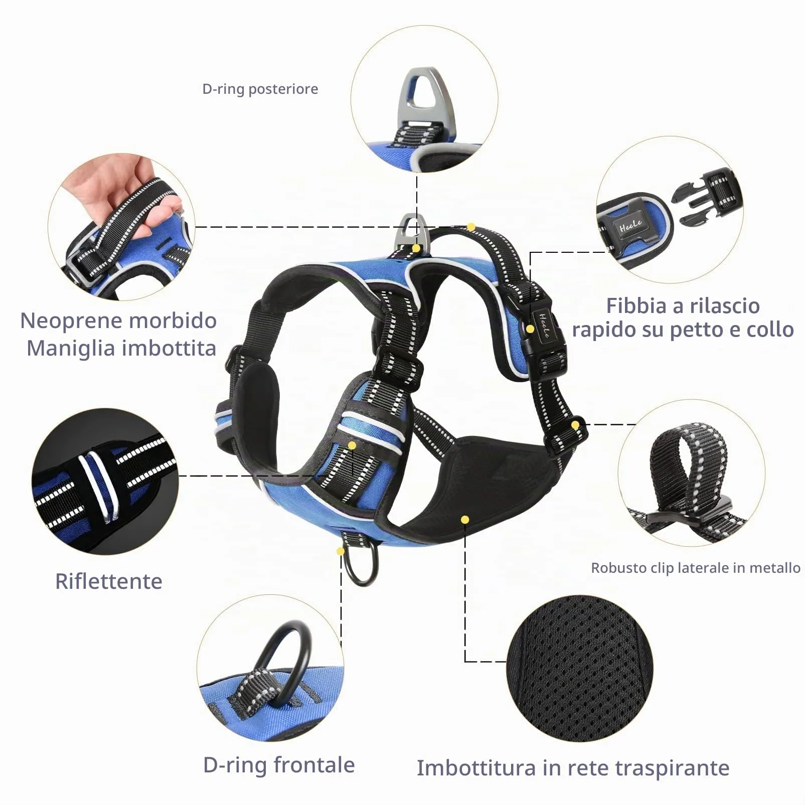 HEELE Pettorina Cane Taglia Piccola Riflettente Pettorina Addestramento Cani Anti Tiro con 2 Ganci in Metallo + Comodo Maniglia, Gilet per Cani Regolabile per Camminare, Blu, S - immagine 3