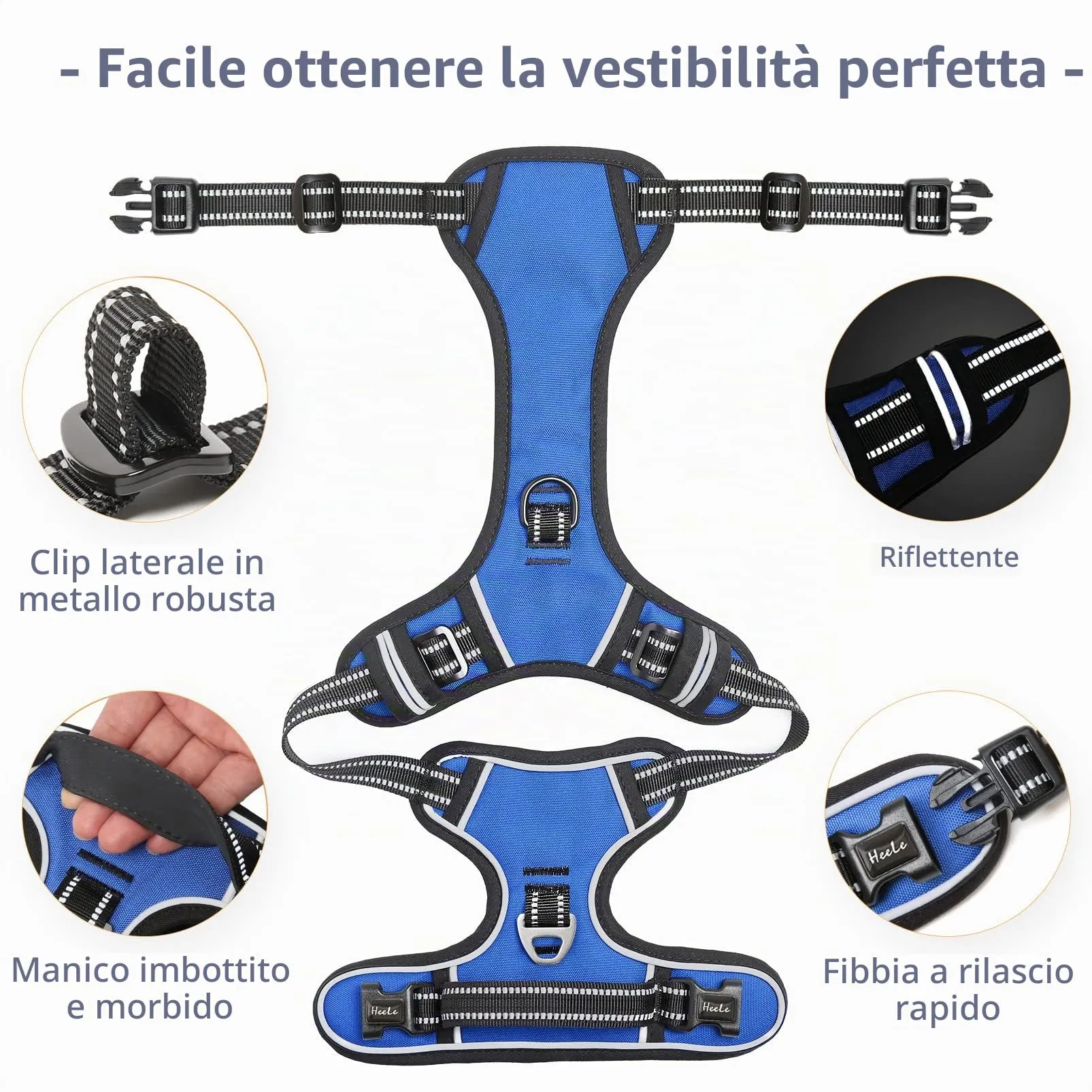 HEELE Pettorina Cane Taglia Piccola Riflettente Pettorina Addestramento Cani Anti Tiro con 2 Ganci in Metallo + Comodo Maniglia, Gilet per Cani Regolabile per Camminare, Blu, S - immagine 4