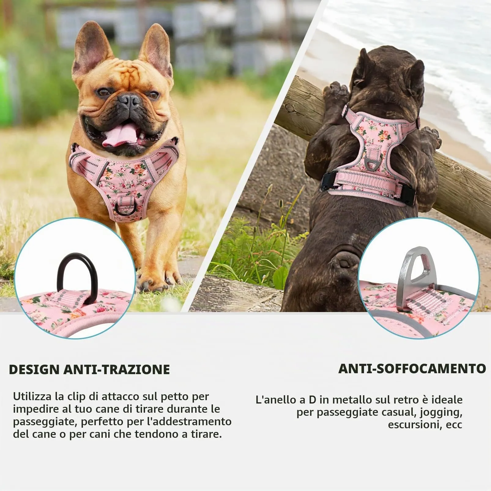 HEELE Pettorina Cane con Motivo Stampato, Riflettente Pettorina Addestramento Cani Anti Tiro con 2 Ganci in Metallo + Comodo Maniglia, Gilet per Cani Regolabile per Camminare, Fiori-Rosa, S - immagine 3