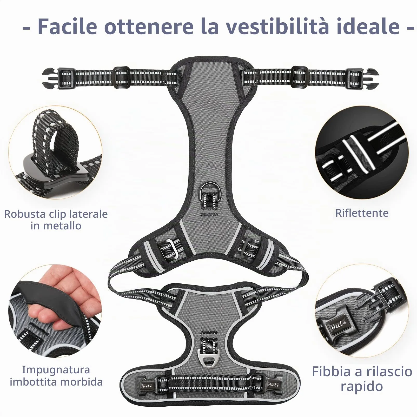 HEELE Pettorina Cane Taglia Piccola Riflettente Pettorina Addestramento Cani Anti Tiro con 2 Ganci in Metallo + Comodo Maniglia, Gilet per Cani Regolabile per Camminare, Grigio, S - immagine 4