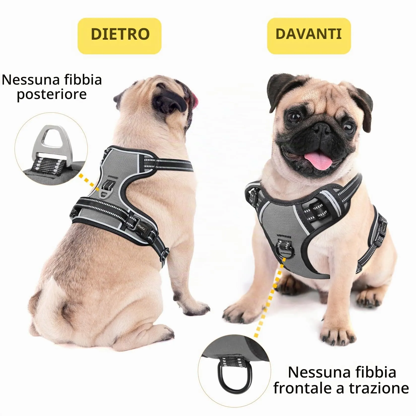 HEELE Pettorina Cane Taglia Piccola Riflettente Pettorina Addestramento Cani Anti Tiro con 2 Ganci in Metallo + Comodo Maniglia, Gilet per Cani Regolabile per Camminare, Grigio, S - immagine 5