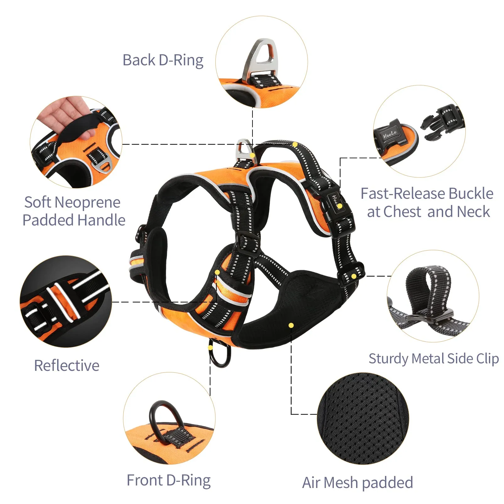 HEELE Pettorina Cane Taglia Grande Riflettente Pettorina Addestramento Cani Anti Tiro con 2 Ganci in Metallo + Comodo Maniglia, Gilet per Cani Regolabile per Camminare, Arancione, XL - immagine 2