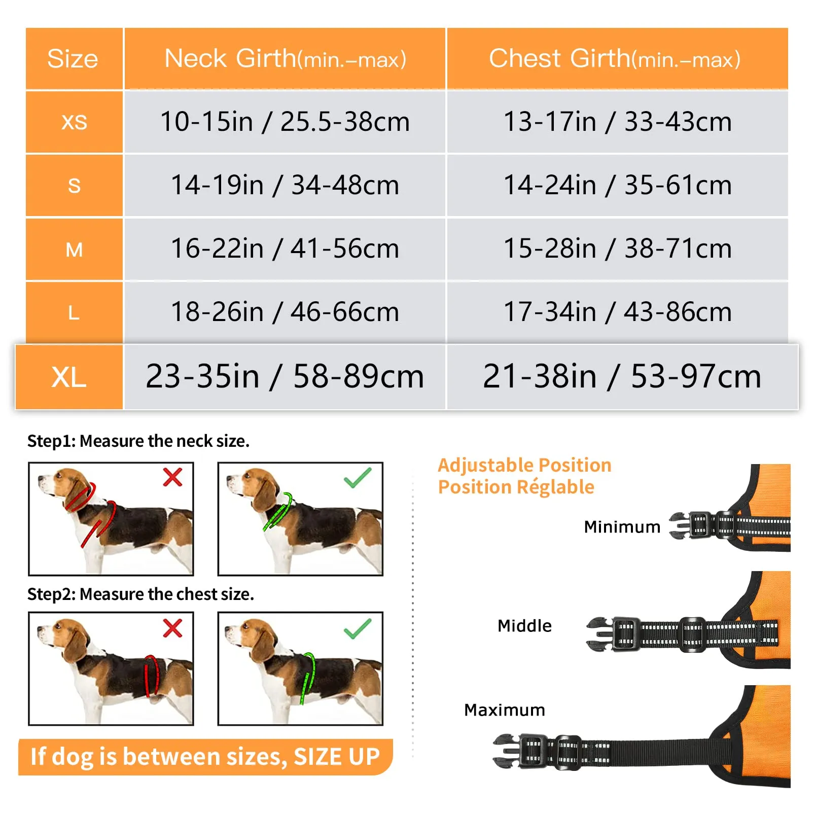 HEELE Pettorina Cane Taglia Grande Riflettente Pettorina Addestramento Cani Anti Tiro con 2 Ganci in Metallo + Comodo Maniglia, Gilet per Cani Regolabile per Camminare, Arancione, XL - immagine 4