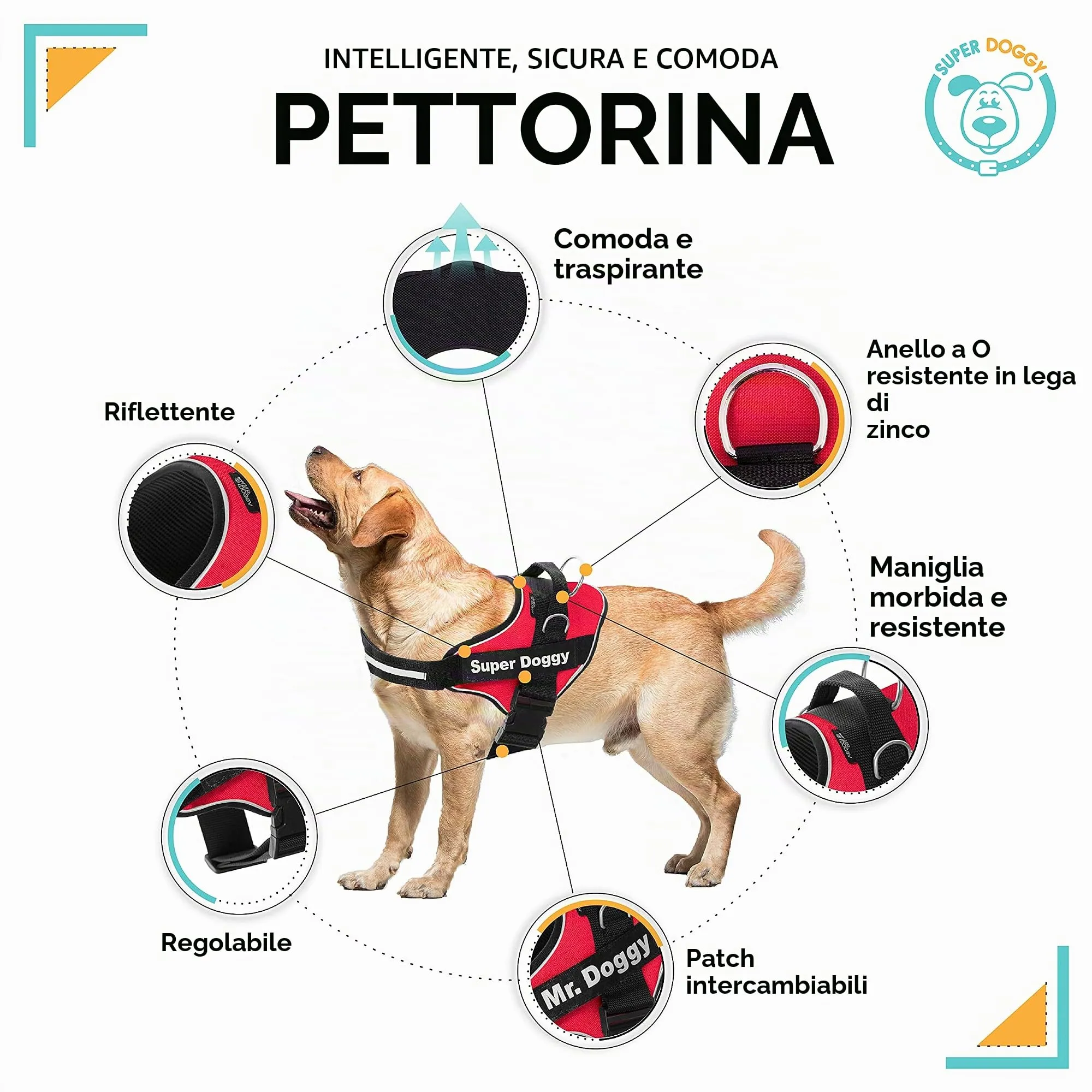SUPER DOGGY Pettorina Cane Personalizzata con Nome – Antitrazione, Riflettente e Regolabile – Include 2 Targhette Velcro - Taglia Piccola, Media e Grande (Rosso, M 13-22KG) - immagine 3