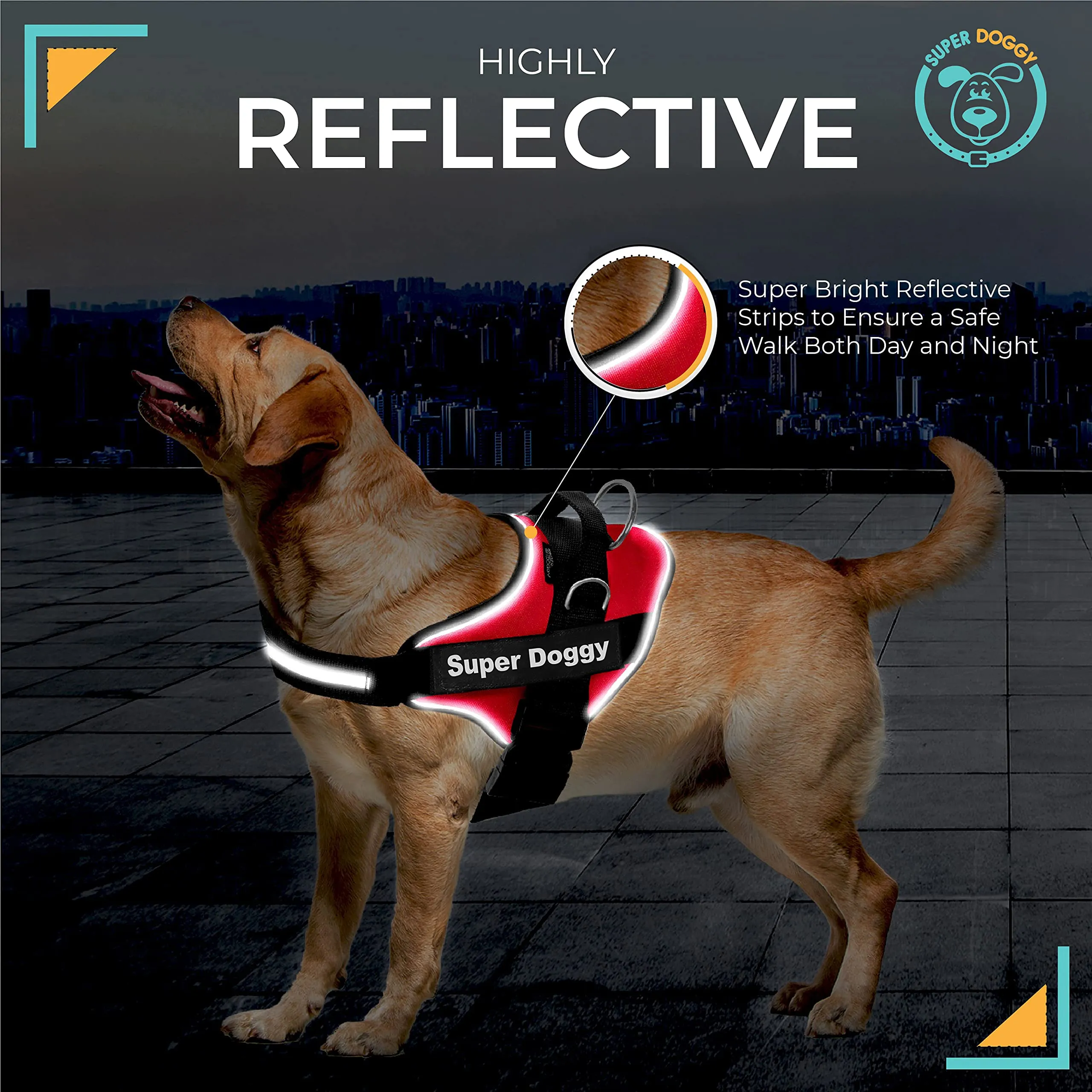 SUPER DOGGY Pettorina Cane Personalizzata con Nome – Antitrazione, Riflettente e Regolabile – Include 2 Targhette Velcro - Taglia Piccola, Media e Grande (Rosso, M 13-22KG) - immagine 5