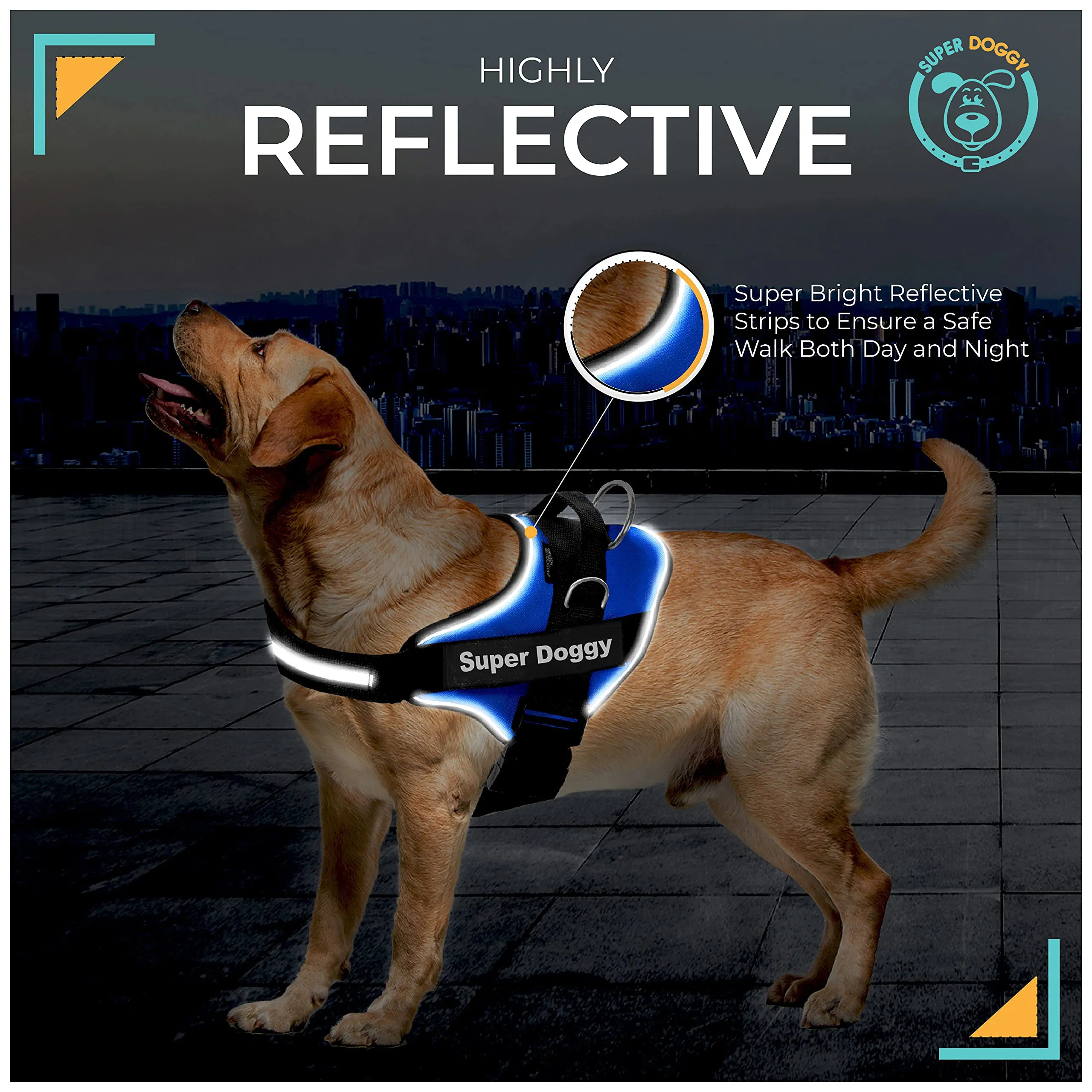 SUPER DOGGY Pettorina Cane Personalizzata con Nome – Antitrazione, Riflettente e Regolabile – Include 2 Targhette Velcro - Taglia Piccola, Media e Grande (Blu, XXS 1,5-3,5KG) - immagine 5