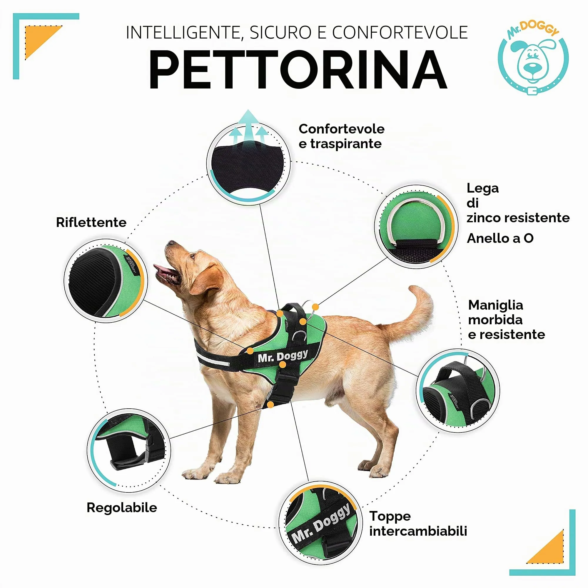 SUPER DOGGY Pettorina Cane Personalizzata con Nome – Antitrazione, Riflettente e Regolabile – Include 2 Targhette Velcro - Taglia Piccola, Media e Grande (Verde, M 13-22KG) - immagine 3
