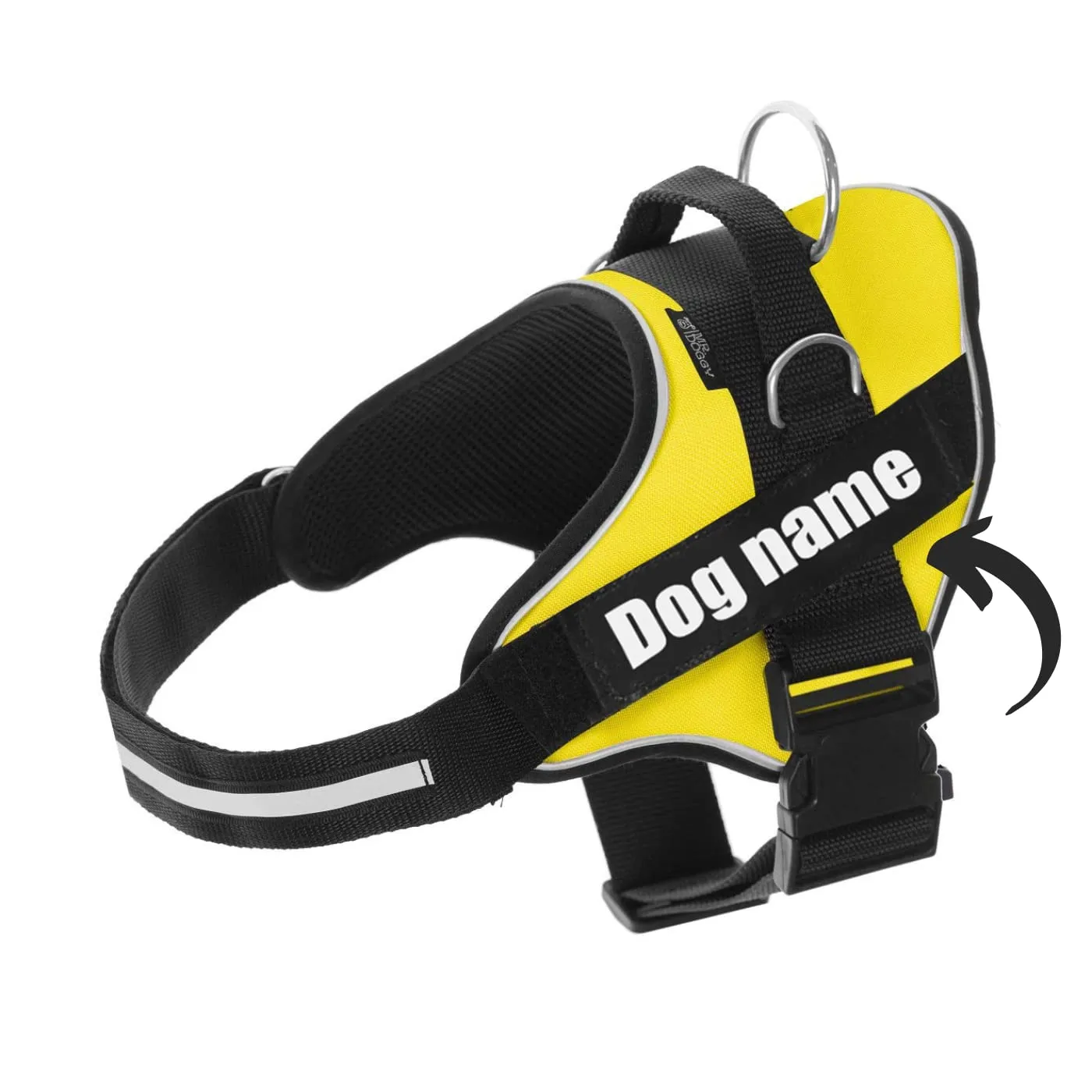 SUPER DOGGY Pettorina Cane Personalizzata con Nome – Antitrazione, Riflettente e Regolabile – Include 2 Targhette Velcro - Taglia Piccola, Media e Grande (Giallo, XS 3-7KG) - immagine 1