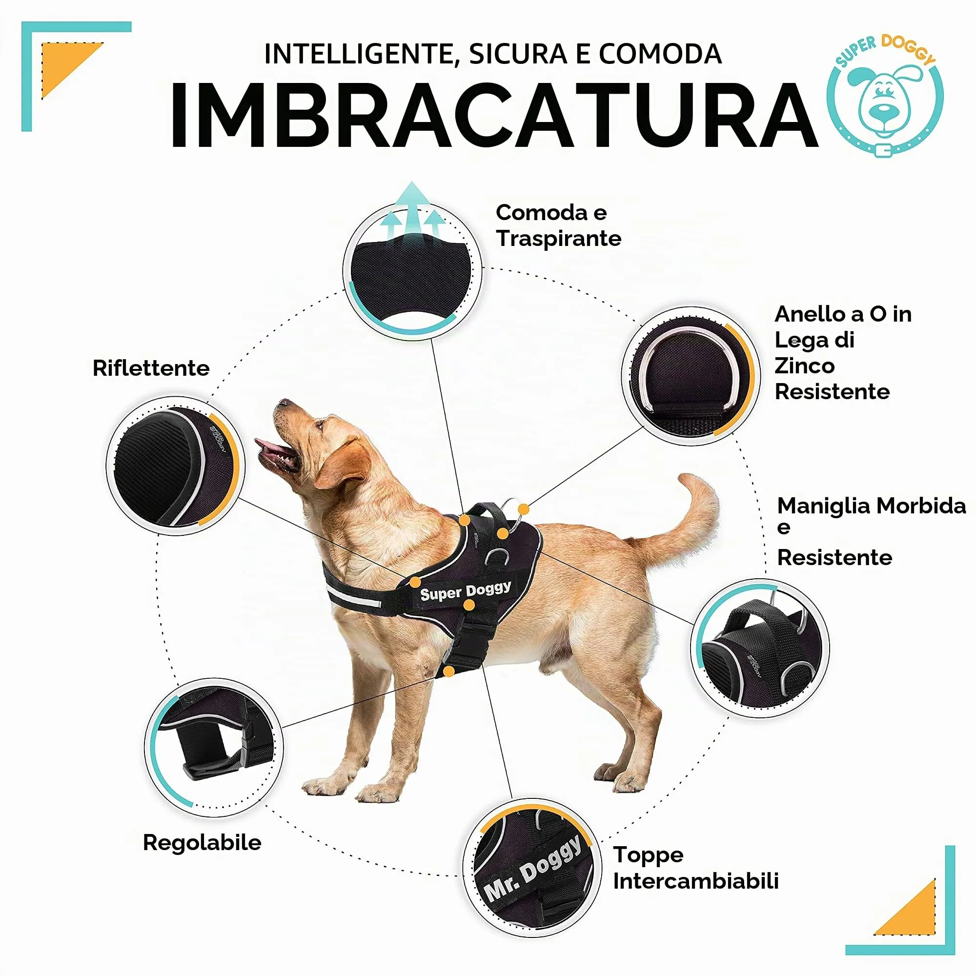 SUPER DOGGY Pettorina Cane Personalizzata con Nome – Antitrazione, Riflettente e Regolabile – Include 2 Targhette Velcro - Taglia Piccola, Media e Grande (Nero, XXS 1,5-3,5KG) - immagine 3