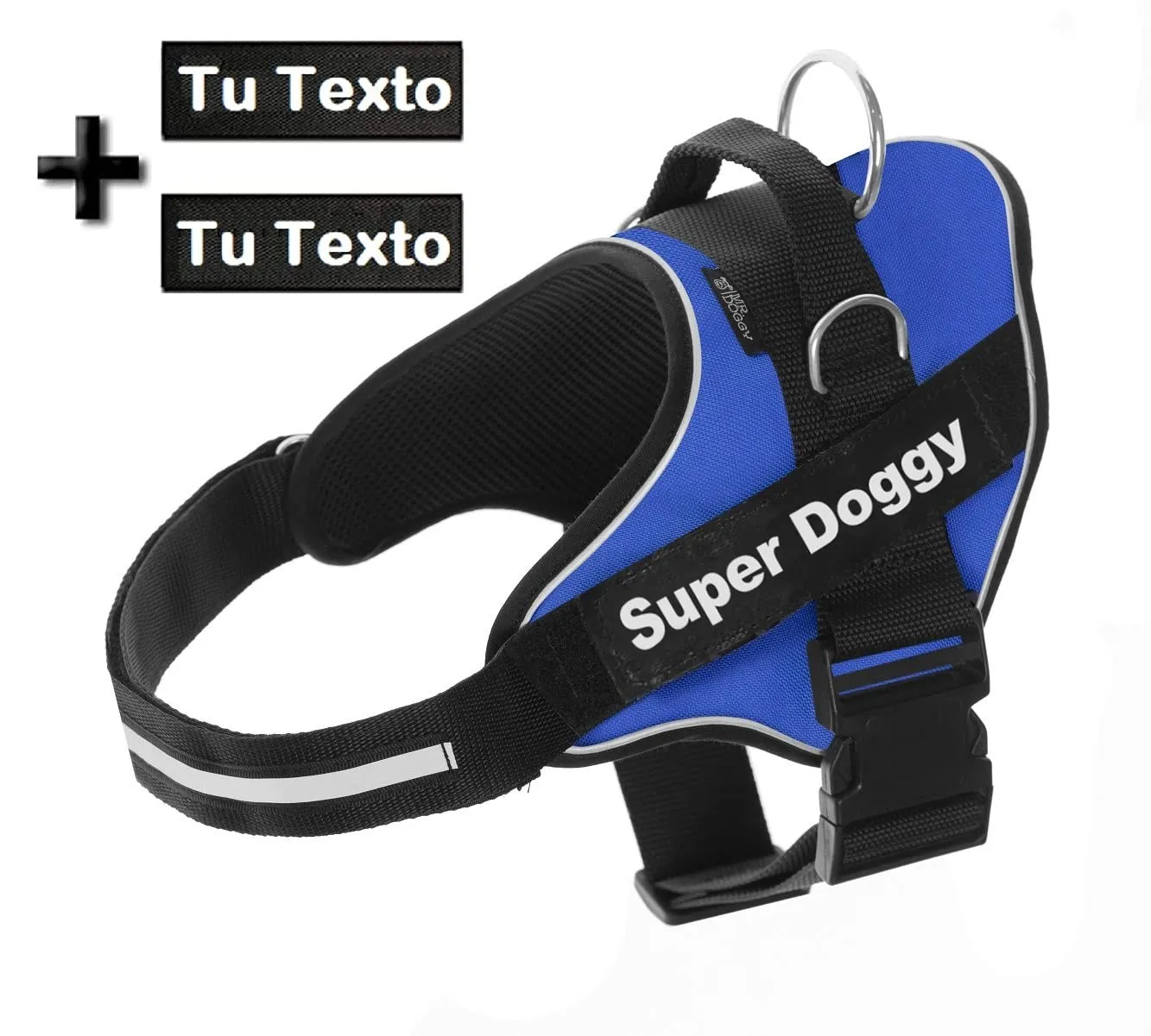 SUPER DOGGY Pettorina Cane Personalizzata con Nome – Antitrazione, Riflettente e Regolabile – Include 2 Targhette Velcro - Taglia Piccola, Media e Grande (Blu, XXL 40-75KG) - immagine 2