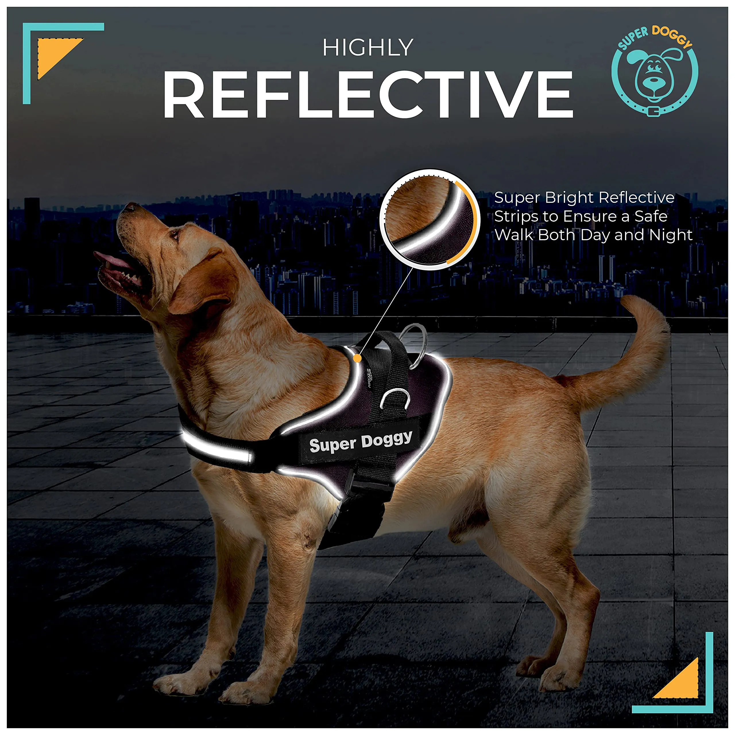 SUPER DOGGY Pettorina Cane Personalizzata con Nome – Antitrazione, Riflettente e Regolabile – Include 2 Targhette Velcro - Taglia Piccola, Media e Grande (Nero, XL 30-45KG) - immagine 5