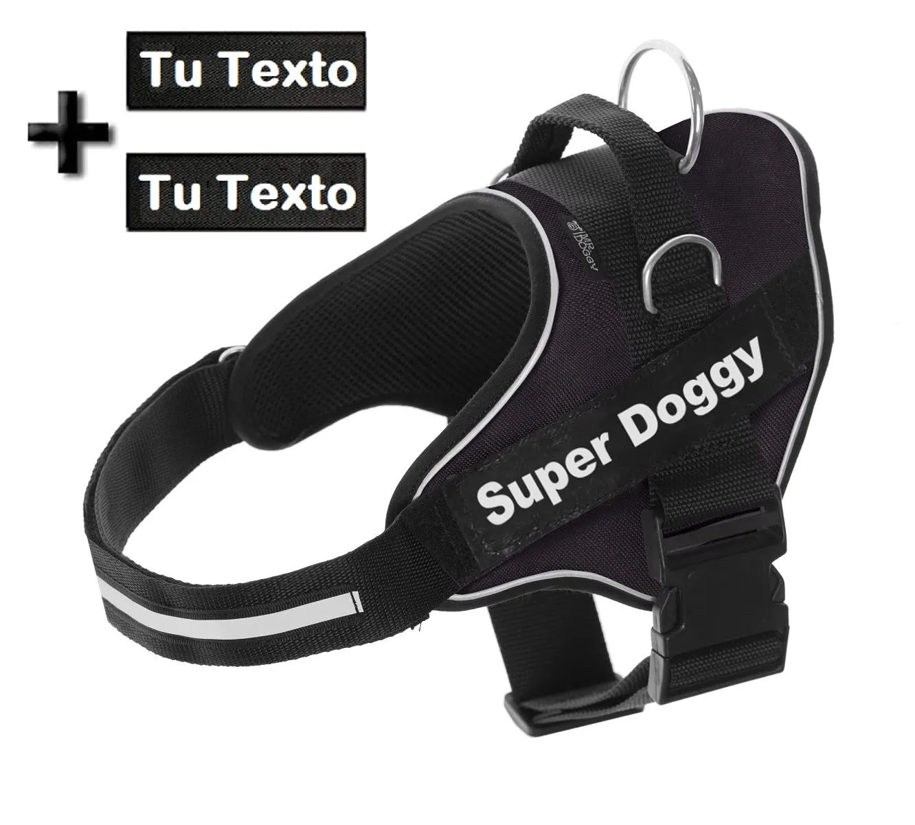 SUPER DOGGY Pettorina Cane Personalizzata con Nome – Antitrazione, Riflettente e Regolabile – Include 2 Targhette Velcro - Taglia Piccola, Media e Grande (Nero, M 13-22KG) - immagine 2