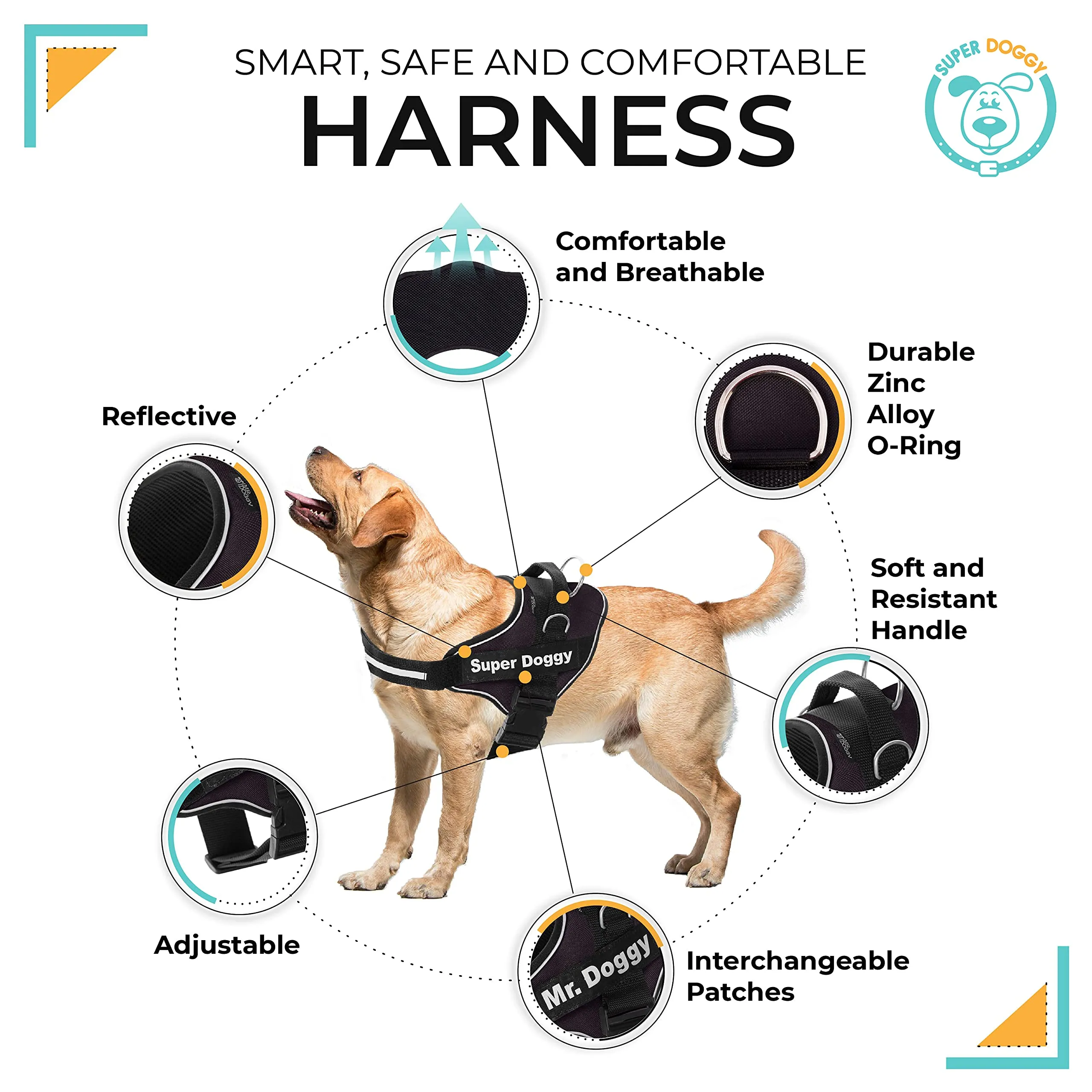 SUPER DOGGY Pettorina Cane Personalizzata con Nome – Antitrazione, Riflettente e Regolabile – Include 2 Targhette Velcro - Taglia Piccola, Media e Grande (Nero, M 13-22KG) - immagine 3
