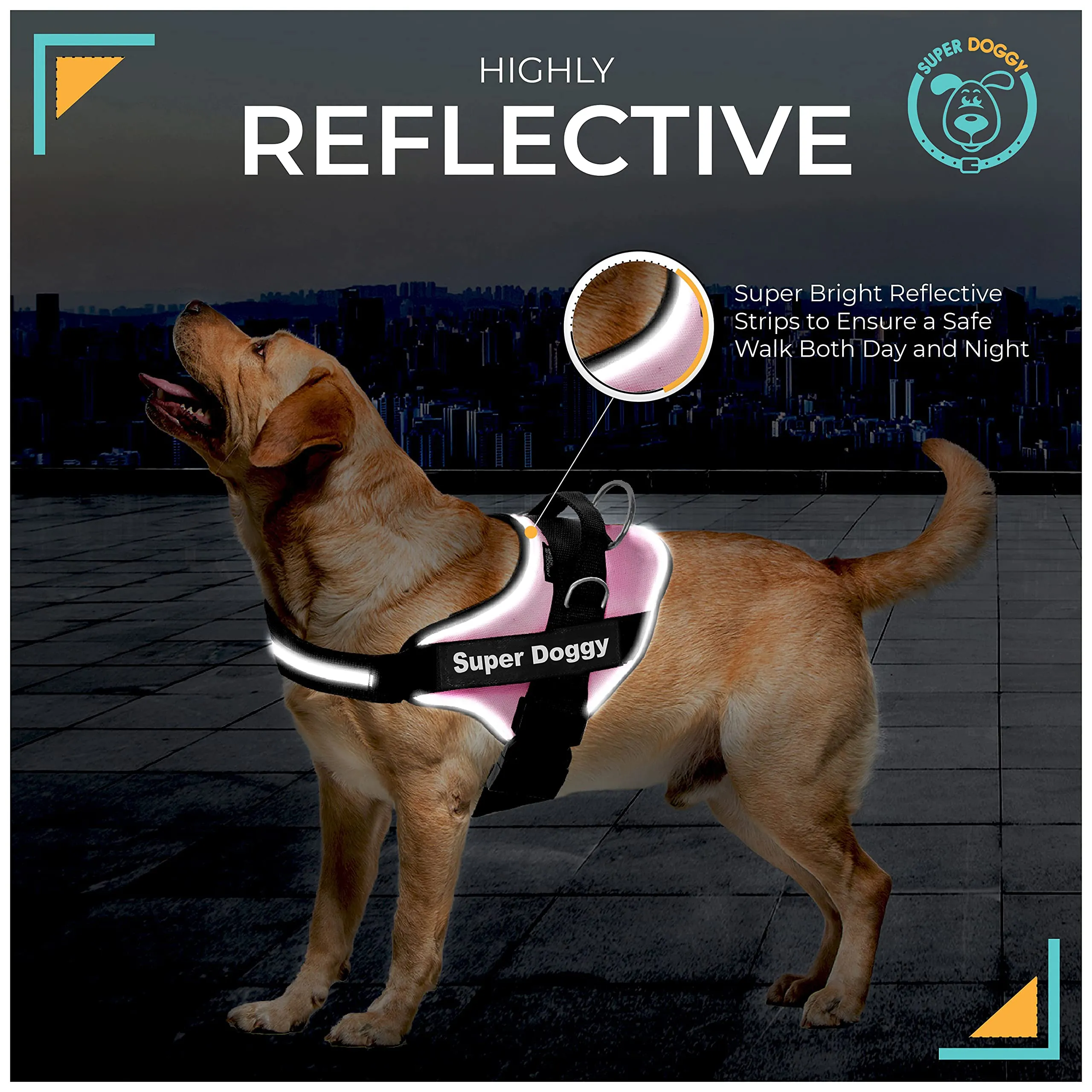 SUPER DOGGY Pettorina Cane Personalizzata con Nome – Antitrazione, Riflettente e Regolabile – Include 2 Targhette Velcro - Taglia Piccola, Media e Grande (Rosa, XXL 40-75KG) - immagine 5