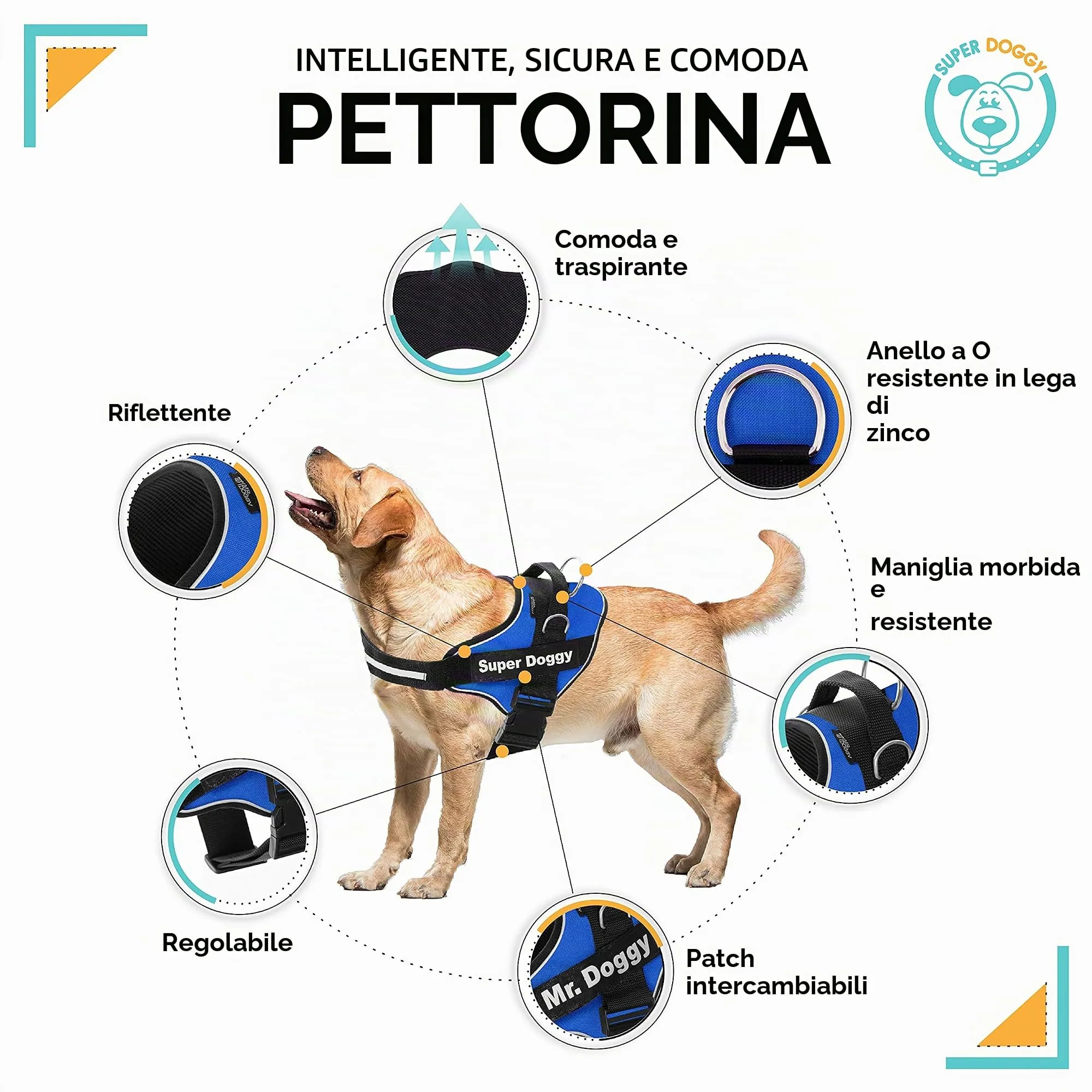 SUPER DOGGY Pettorina Cane Personalizzata con Nome – Antitrazione, Riflettente e Regolabile – Include 2 Targhette Velcro - Taglia Piccola, Media e Grande (Blu, XS 3-7KG) - immagine 3