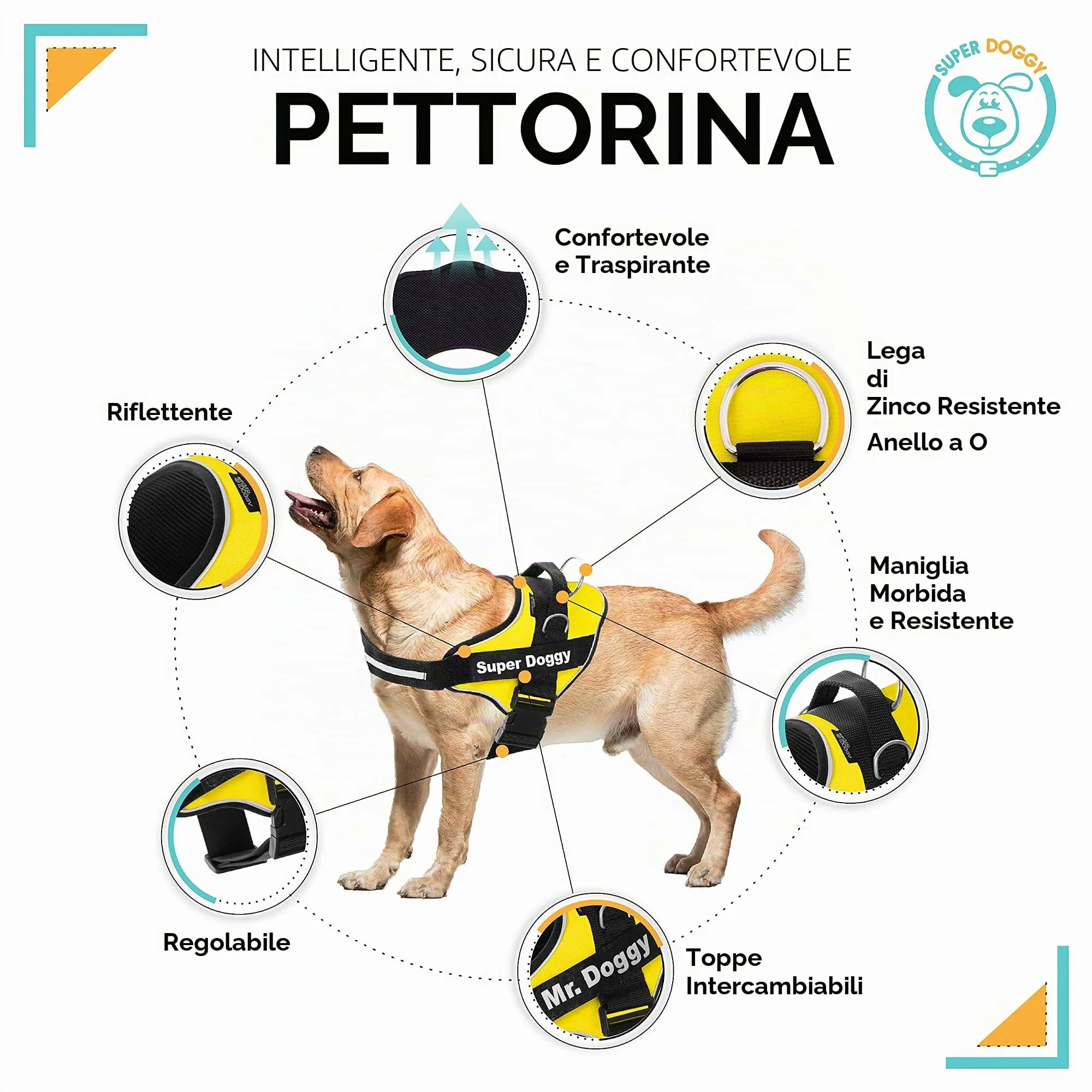 SUPER DOGGY Pettorina Cane Personalizzata con Nome – Antitrazione, Riflettente e Regolabile – Include 2 Targhette Velcro - Taglia Piccola, Media e Grande (Giallo, L 21-32KG) - immagine 3