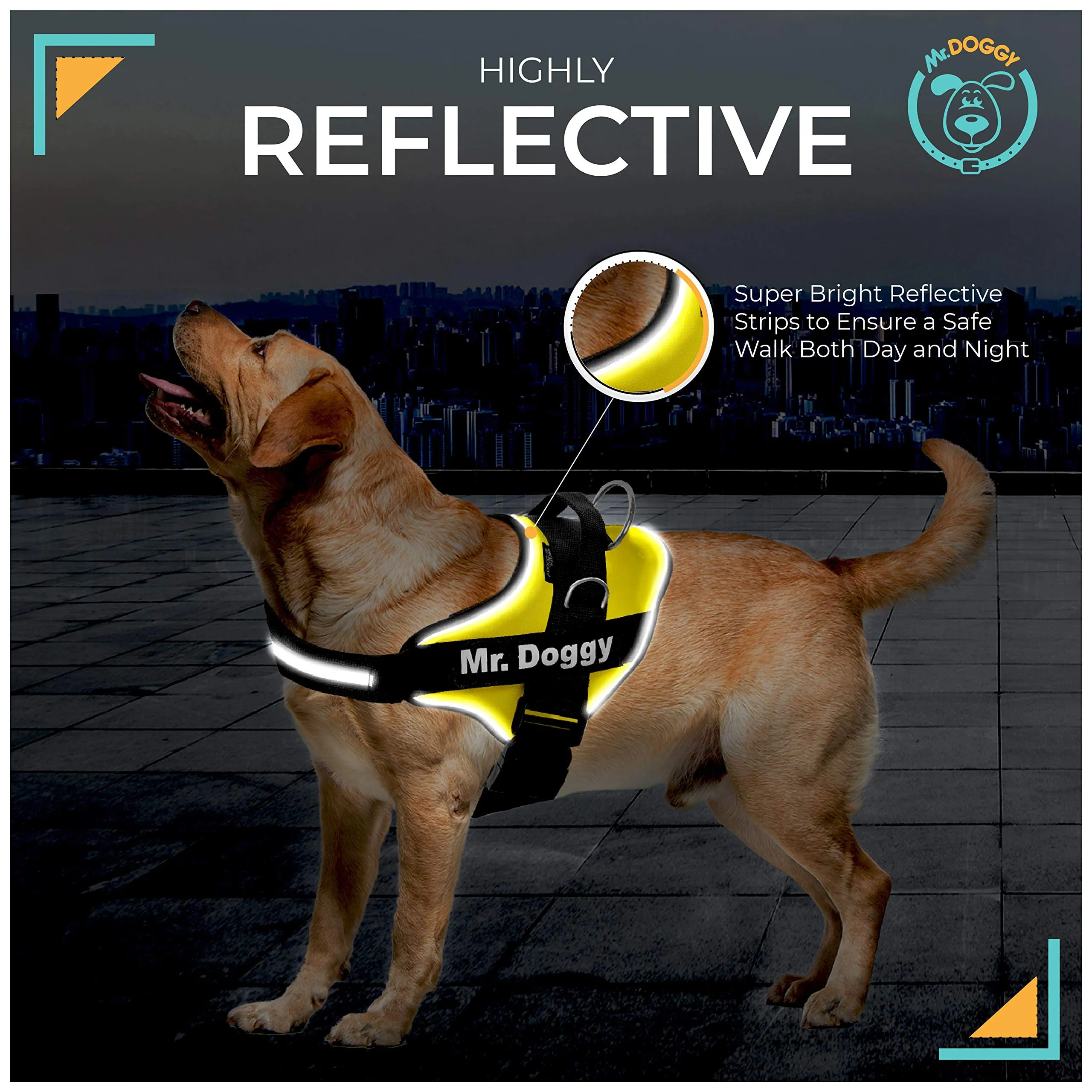 SUPER DOGGY Pettorina Cane Personalizzata con Nome – Antitrazione, Riflettente e Regolabile – Include 2 Targhette Velcro - Taglia Piccola, Media e Grande (Giallo, L 21-32KG) - immagine 5