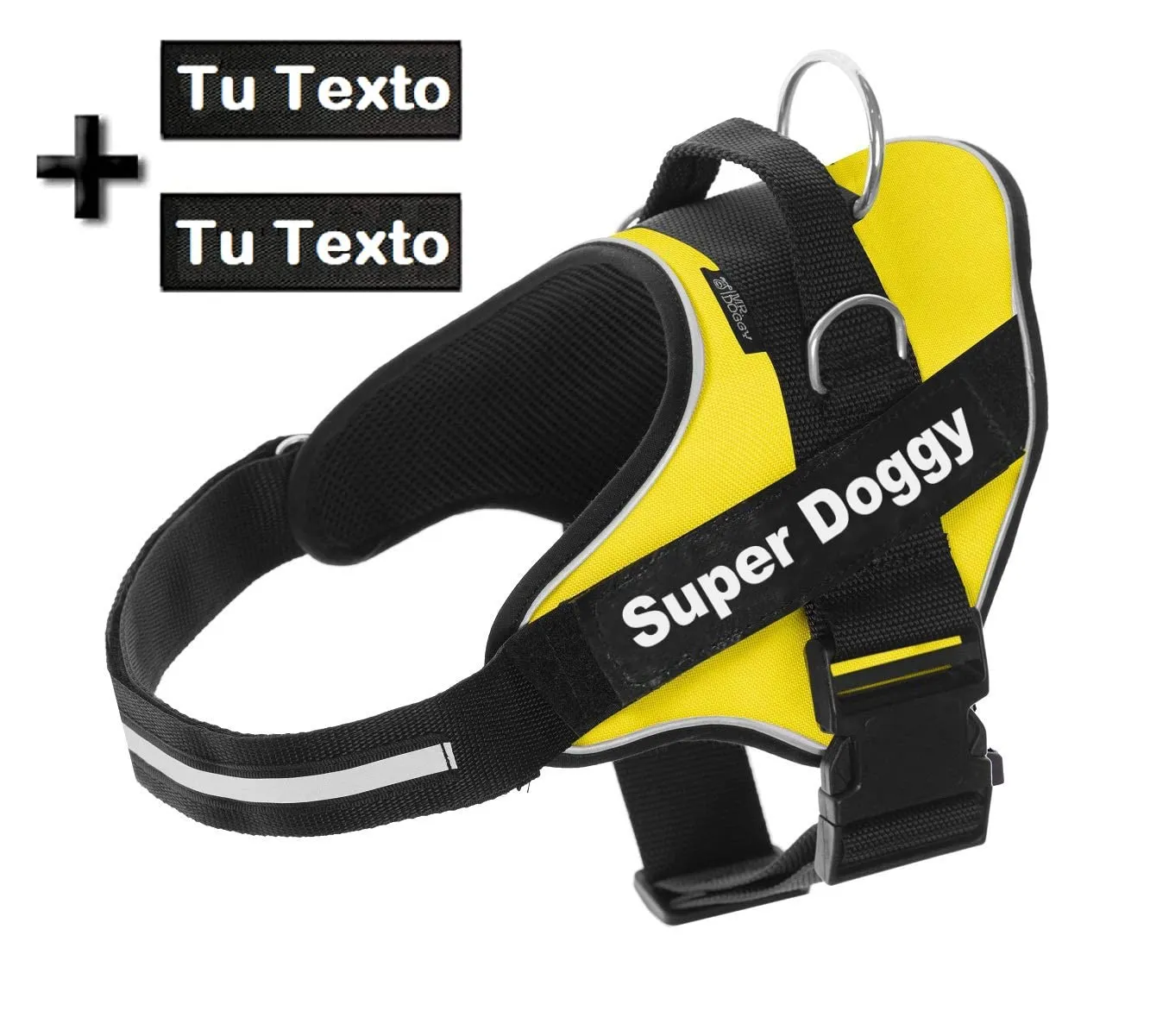 SUPER DOGGY Pettorina Cane Personalizzata con Nome – Antitrazione, Riflettente e Regolabile – Include 2 Targhette Velcro - Taglia Piccola, Media e Grande (Giallo, XXL 40-75KG) - immagine 2