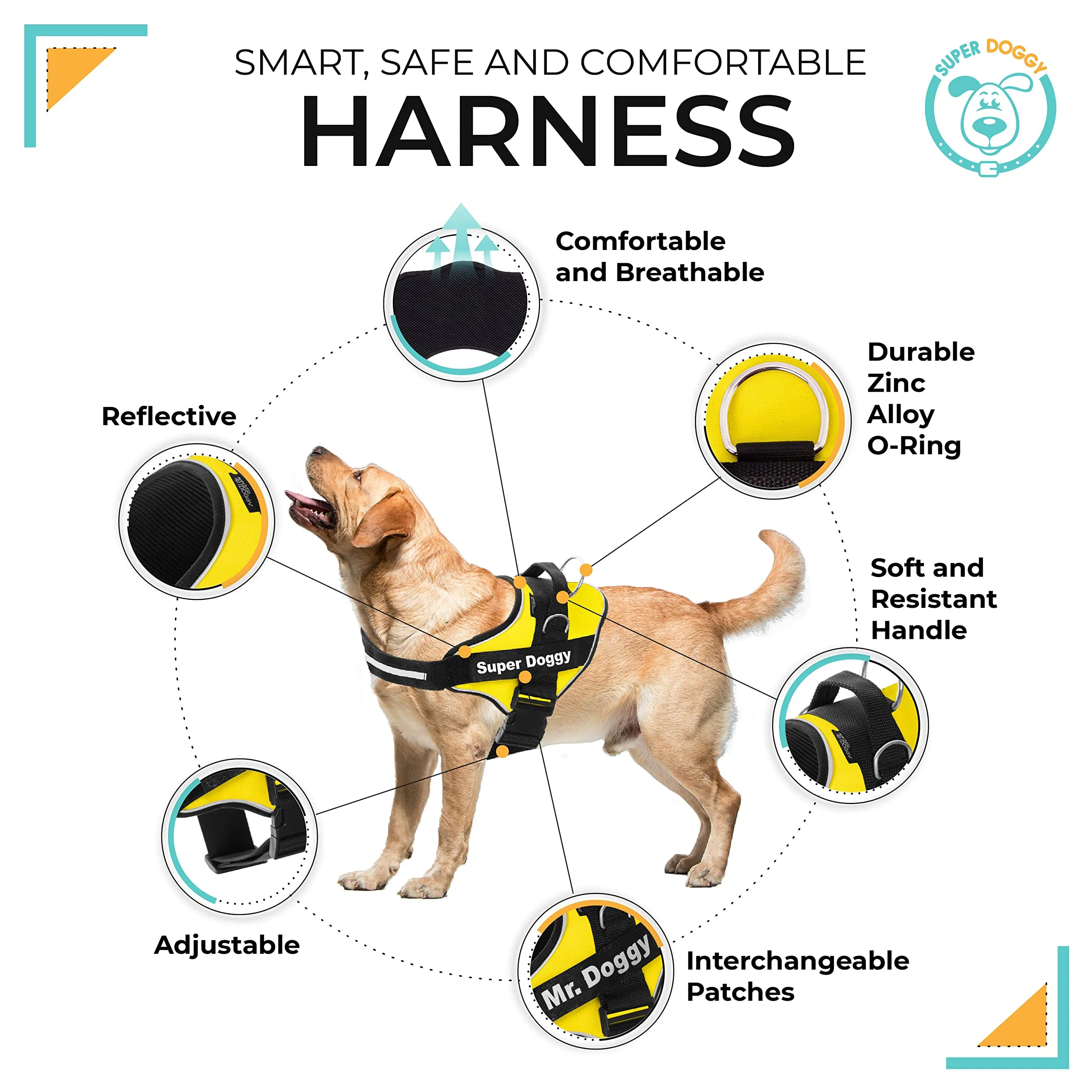 SUPER DOGGY Pettorina Cane Personalizzata con Nome – Antitrazione, Riflettente e Regolabile – Include 2 Targhette Velcro - Taglia Piccola, Media e Grande (Giallo, XXL 40-75KG) - immagine 3