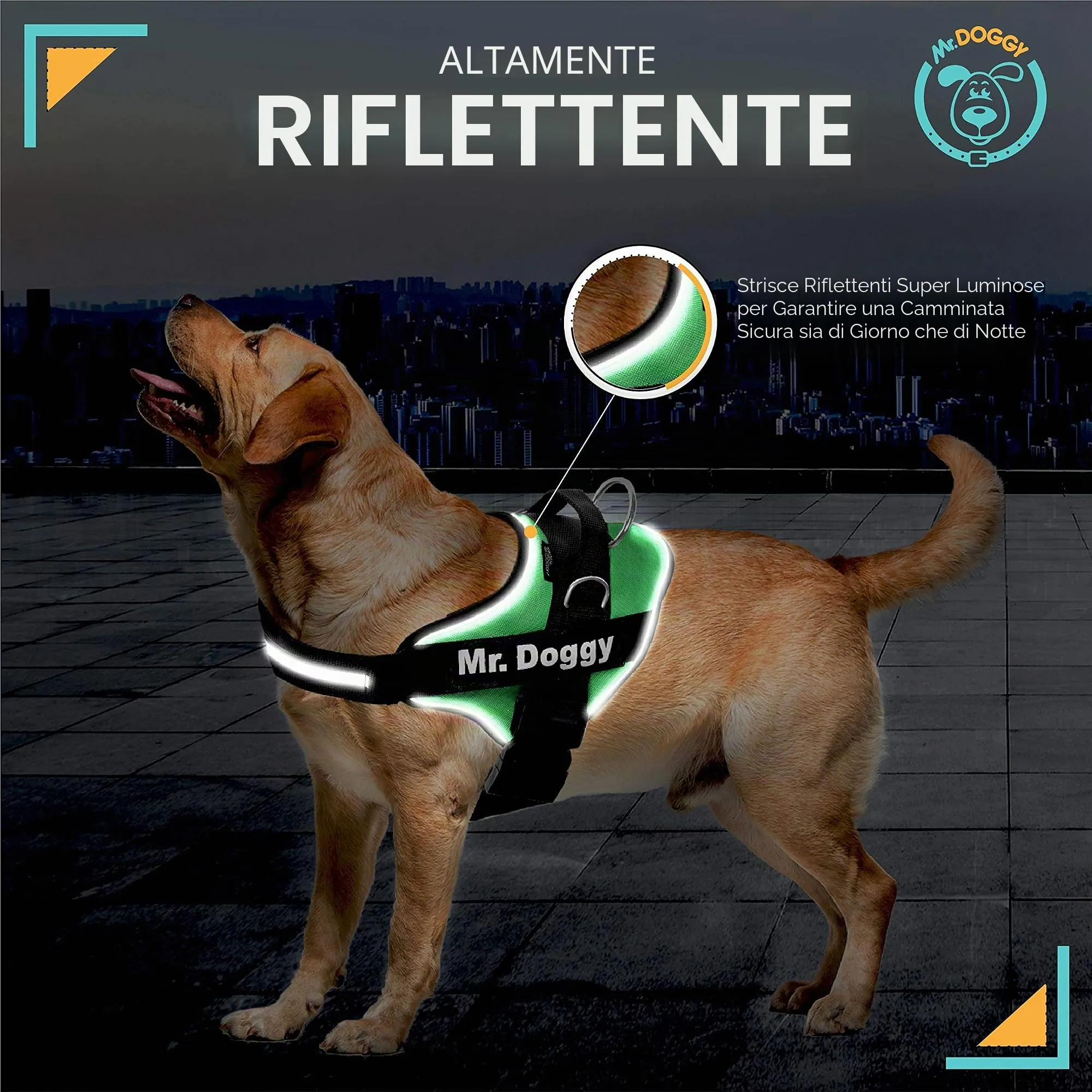 SUPER DOGGY Pettorina Cane Personalizzata con Nome – Antitrazione, Riflettente e Regolabile – Include 2 Targhette Velcro - Taglia Piccola, Media e Grande (Verde, XL 30-45KG) - immagine 5