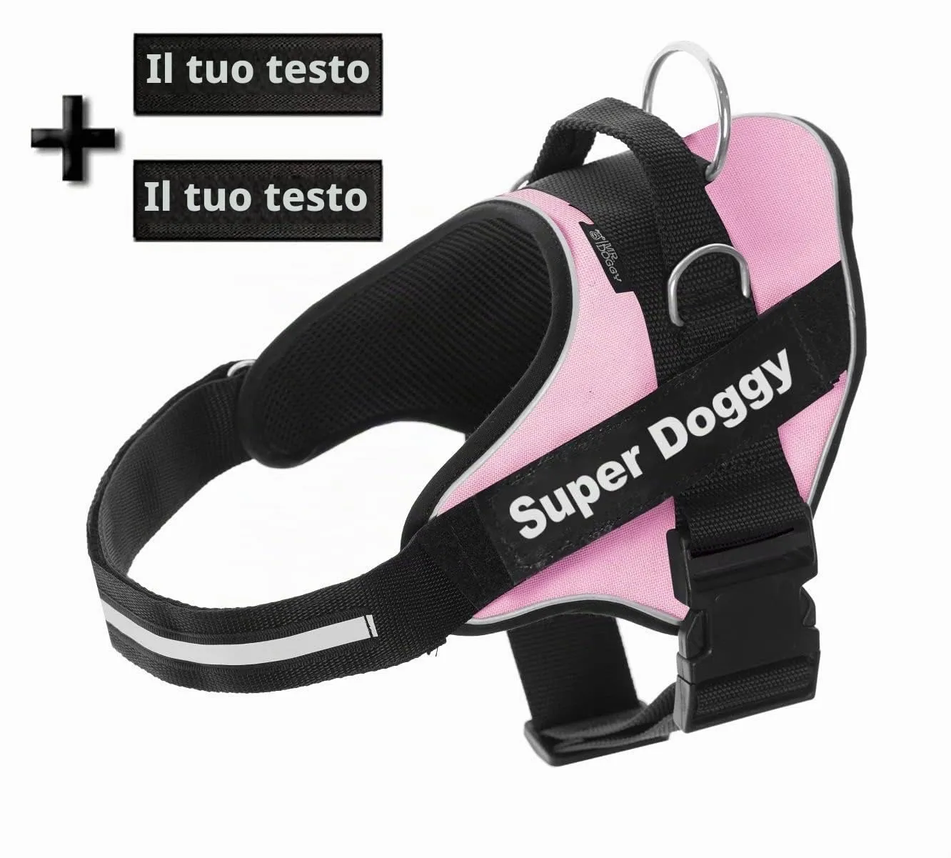 SUPER DOGGY Pettorina Cane Personalizzata con Nome – Antitrazione, Riflettente e Regolabile – Include 2 Targhette Velcro - Taglia Piccola, Media e Grande (Rosa, L 21-32KG) - immagine 2