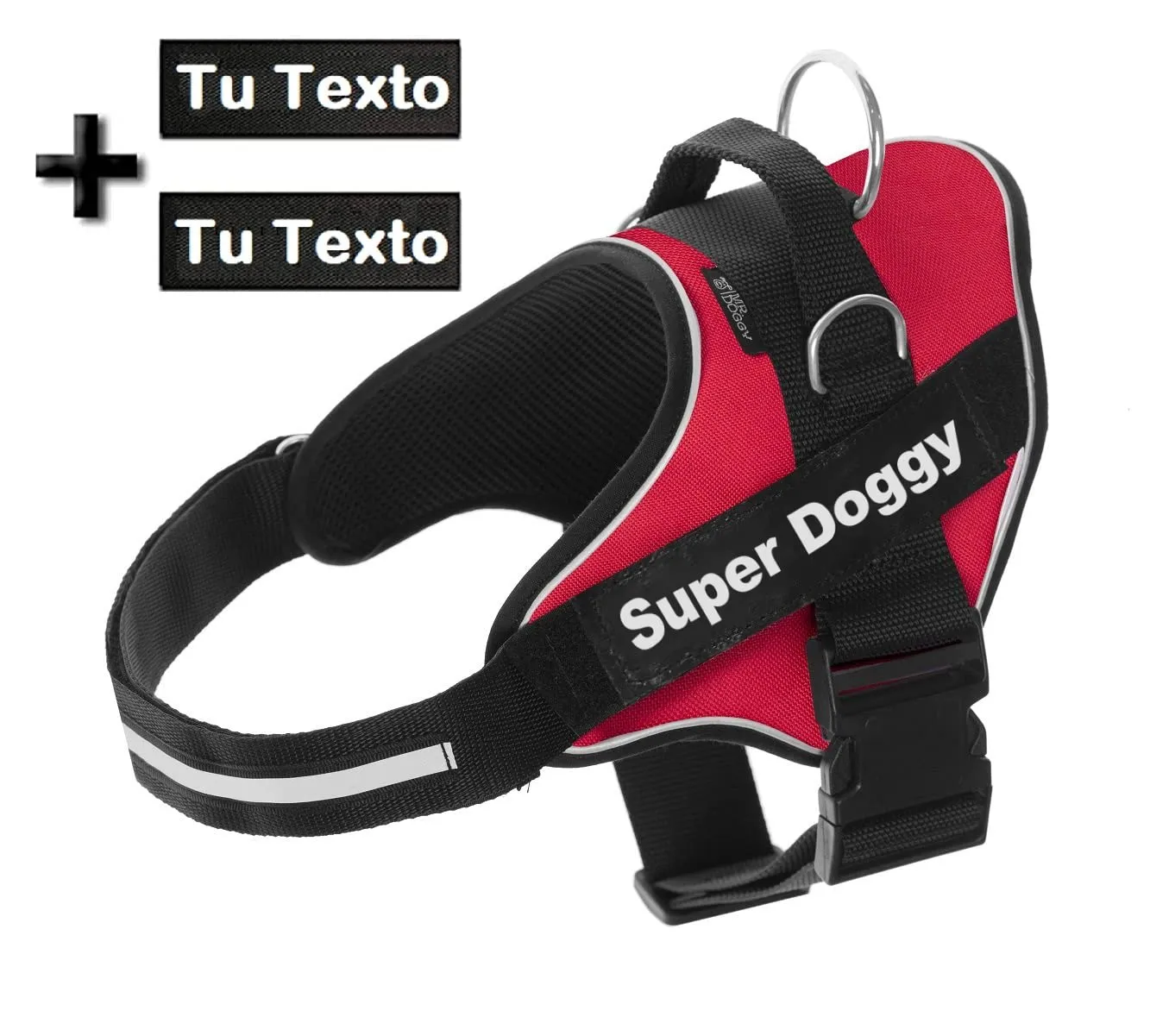 SUPER DOGGY Pettorina Cane Personalizzata con Nome – Antitrazione, Riflettente e Regolabile – Include 2 Targhette Velcro - Taglia Piccola, Media e Grande (Rosso, XS 3-7KG) - immagine 2